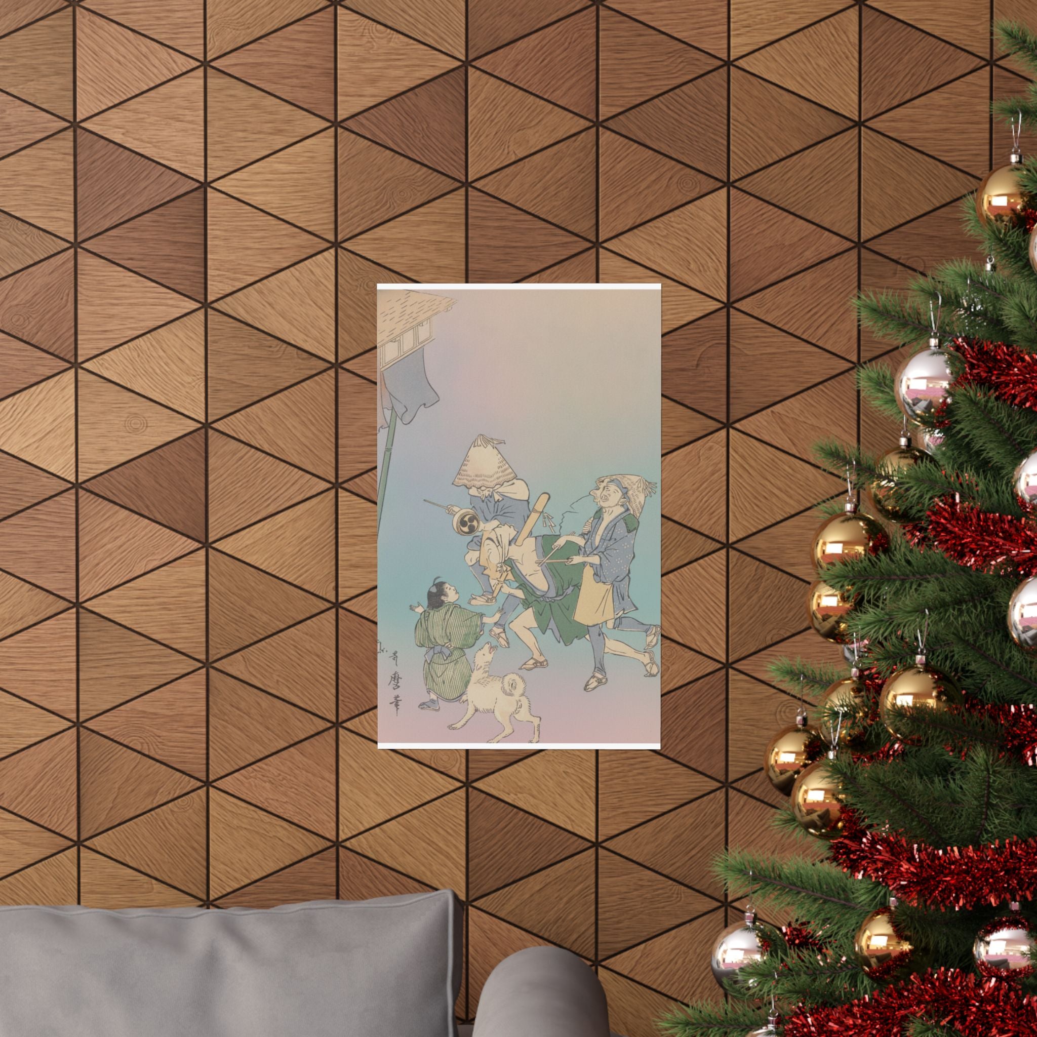 Affirmation — Three Revelers Of The Lower Classes, Wearing Komuso Hats, With Small Boy And Dog — Matte Poster