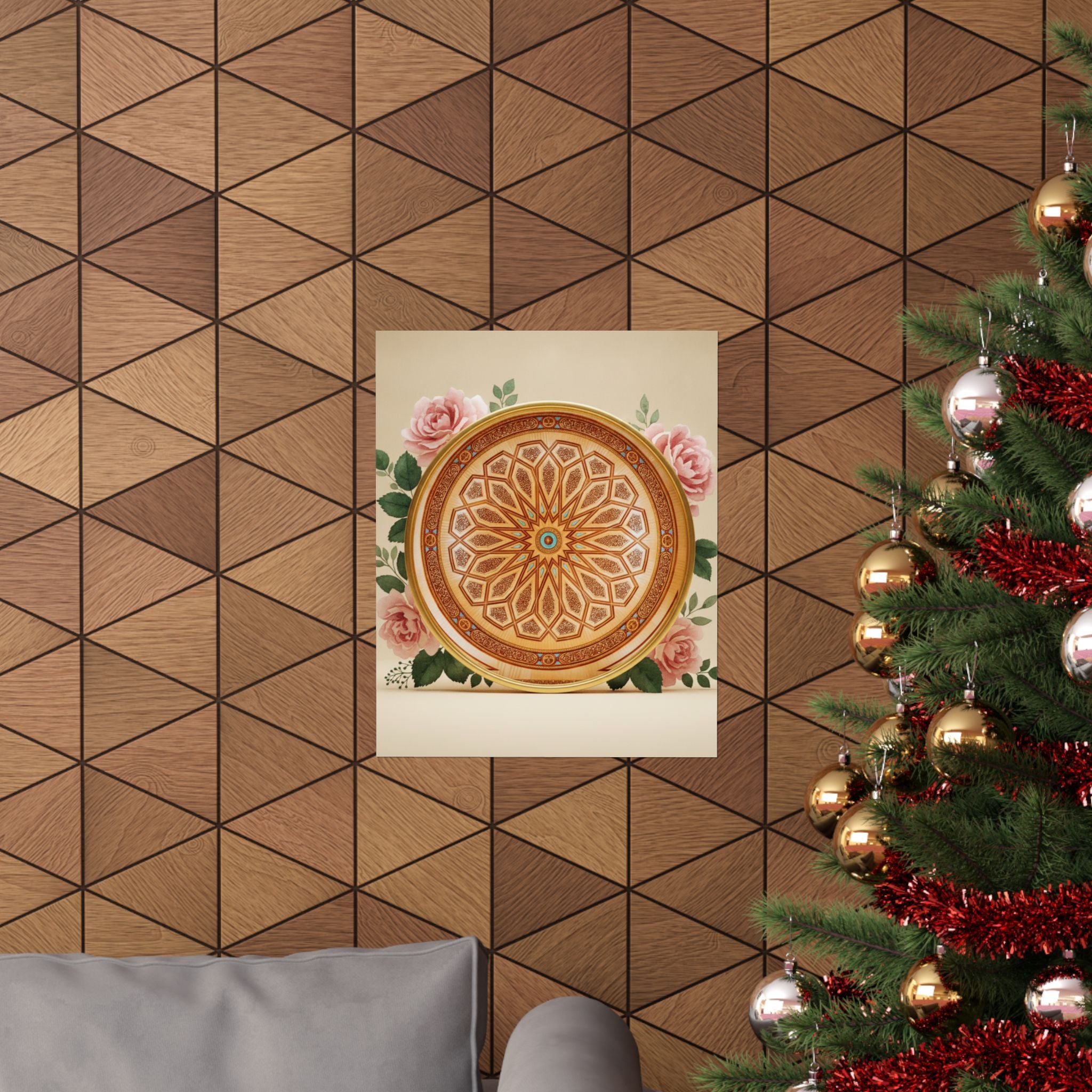 Gilded Moroccan Medallion and Pink Roses Art Poster