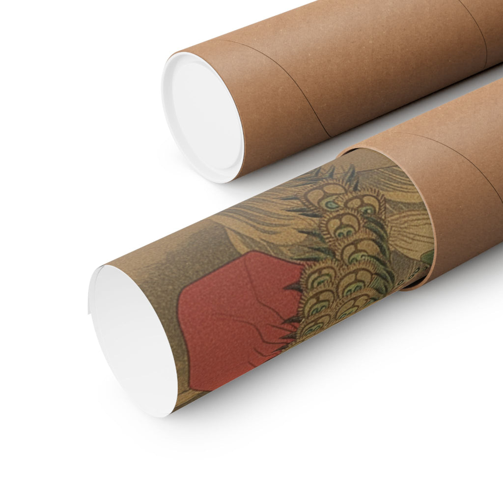 Scenic Nature — Painting Of Peacocks, Pines, A Waterfall, And A Roll Of Red Fabric — Matte Poster