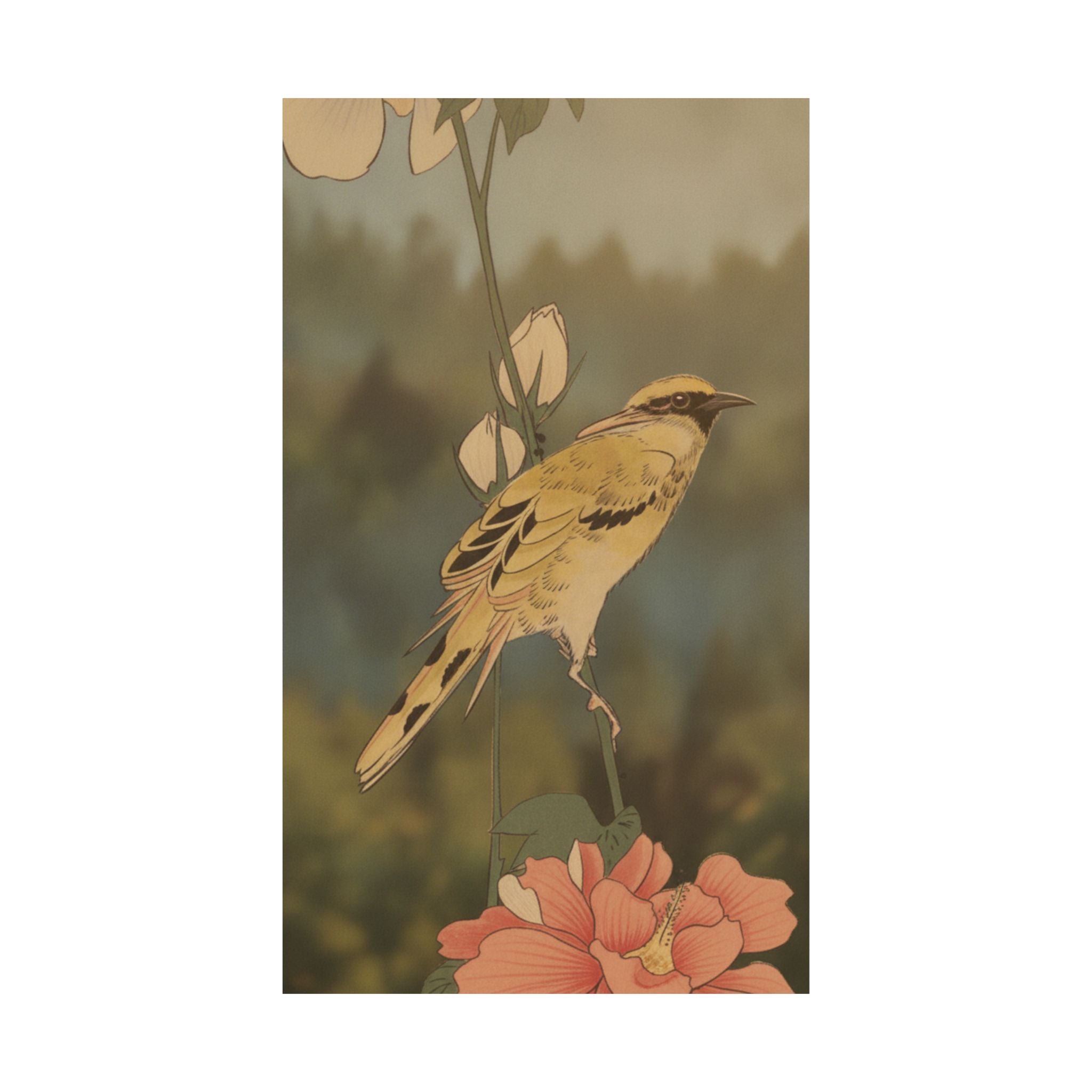 Scenic Nature — Black-Naped Oriole Perched On A Stem Of Rose Mallow — Matte Poster