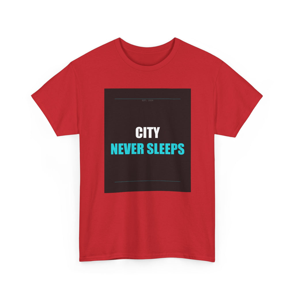 CITY NEVER SLEEPS Cyan Type on Charcoal Graphic Tee