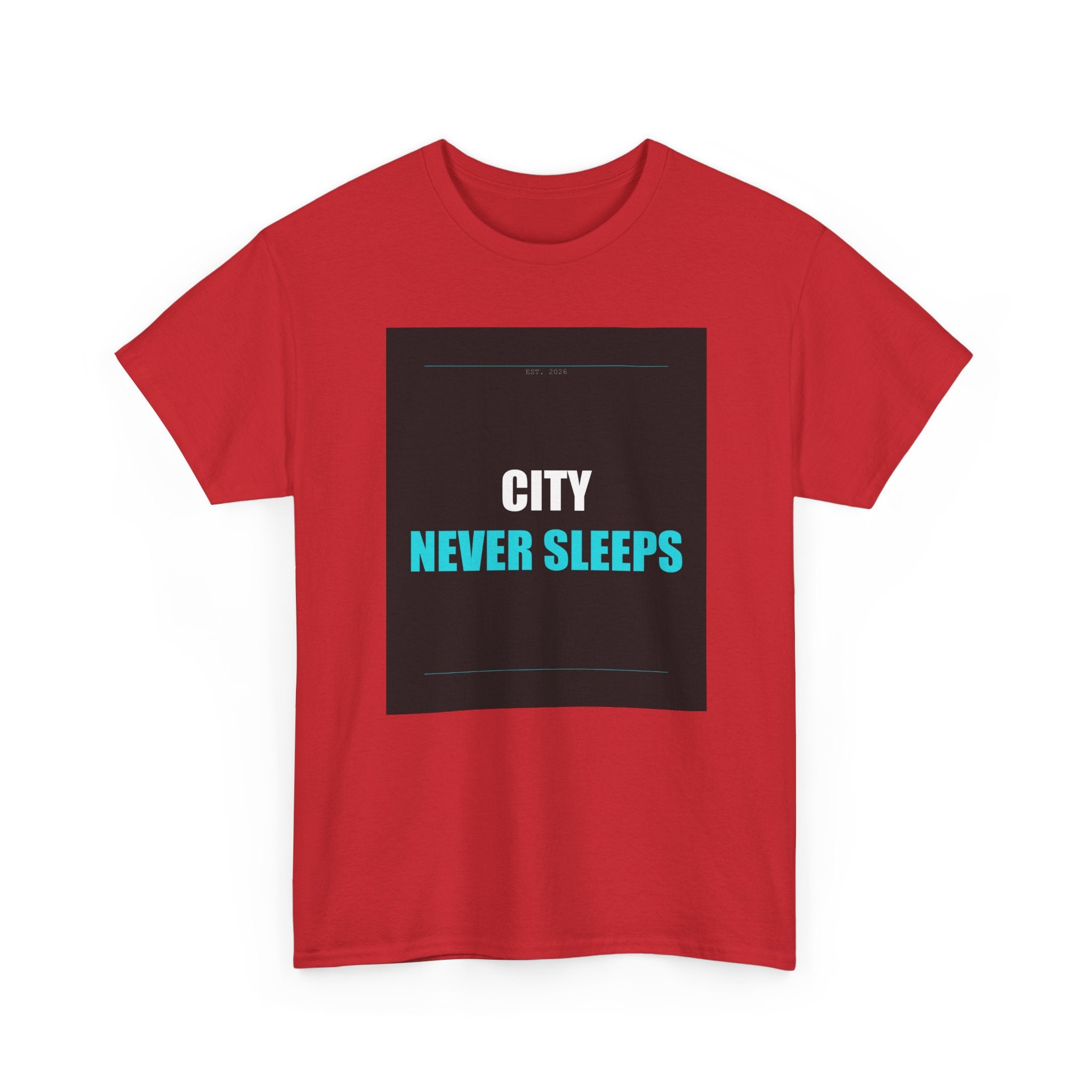 CITY NEVER SLEEPS Cyan Type on Charcoal Graphic Tee