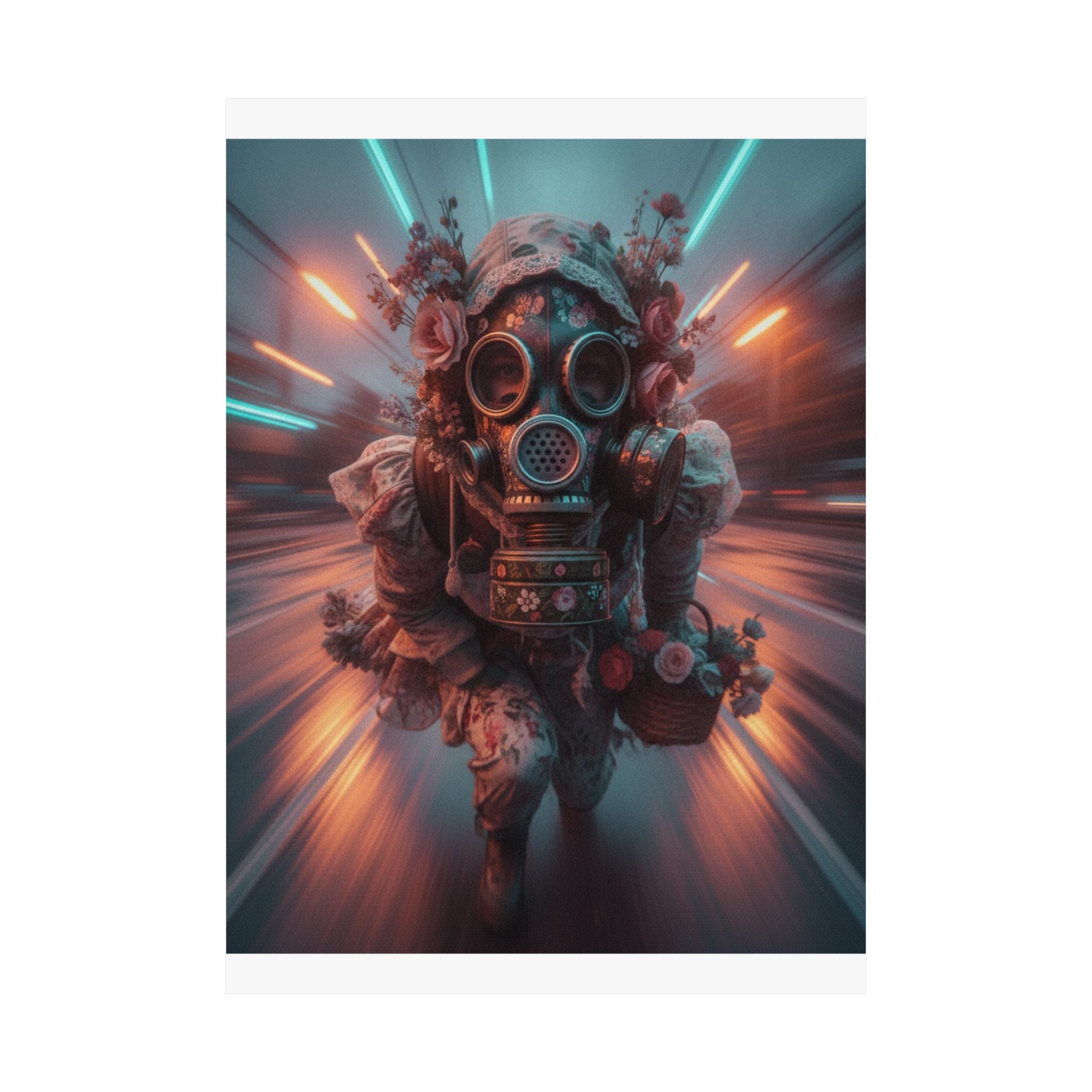 Neon Tunnel Rose Gas Mask Post-Apocalyptic Poster