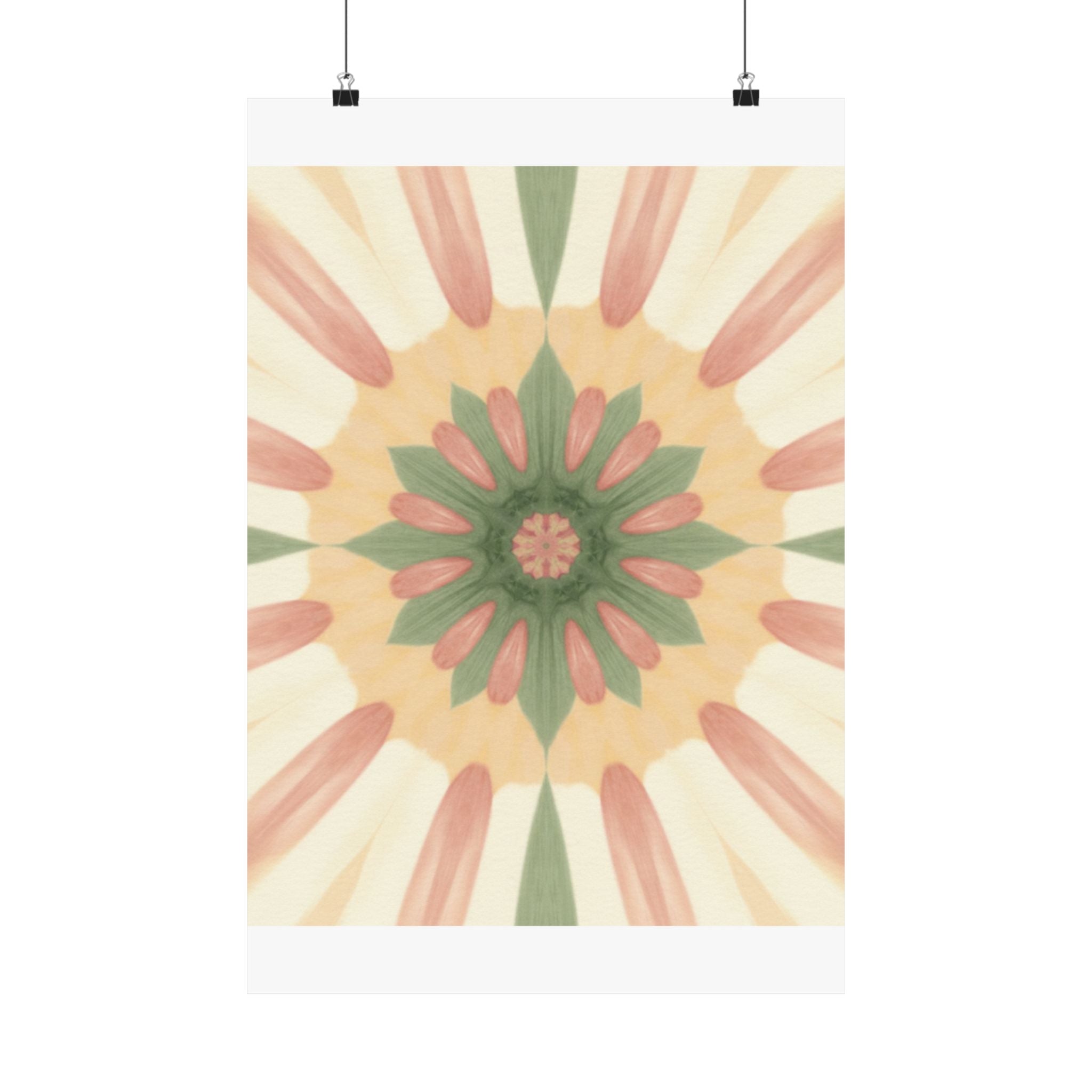 Peach and Sage Floral Kaleidoscope Mandala Poster