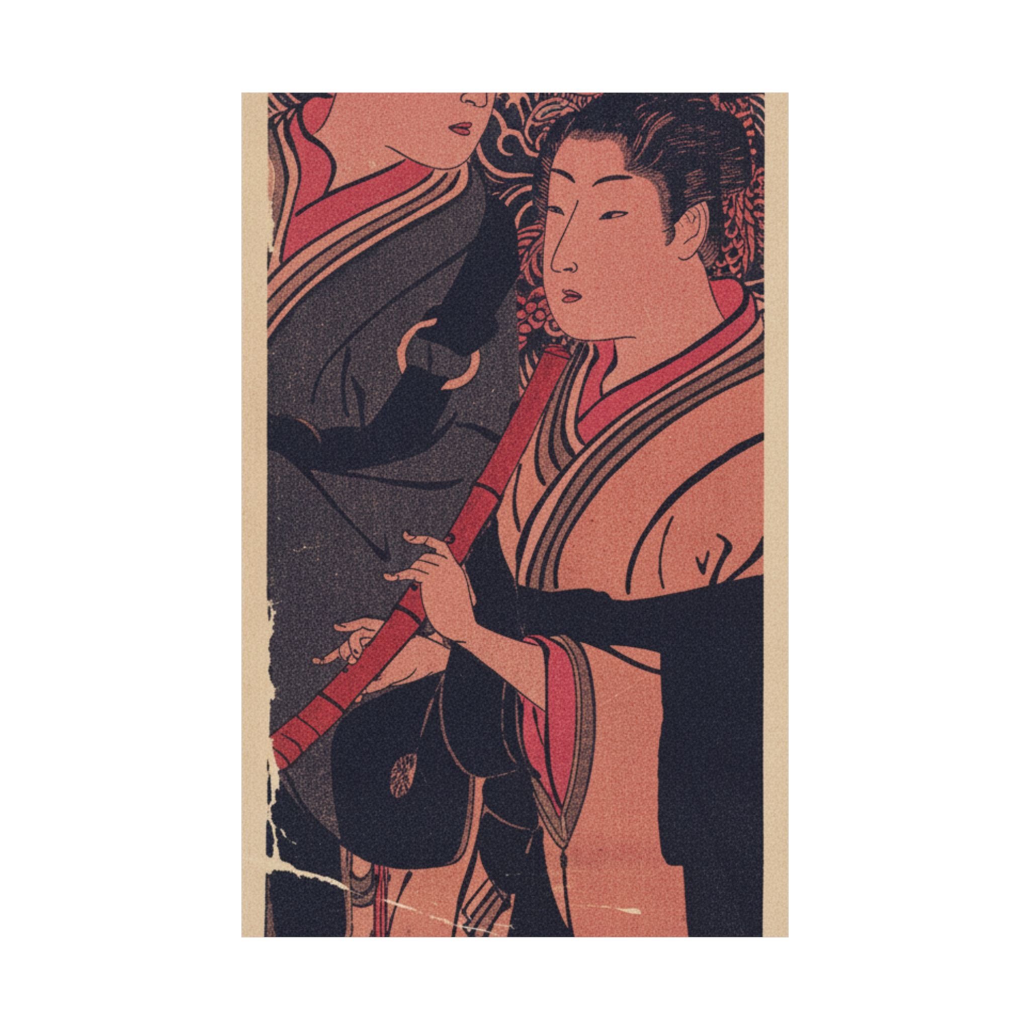 Japanese Street — Two Men, One Playing A Flute — Matte Poster