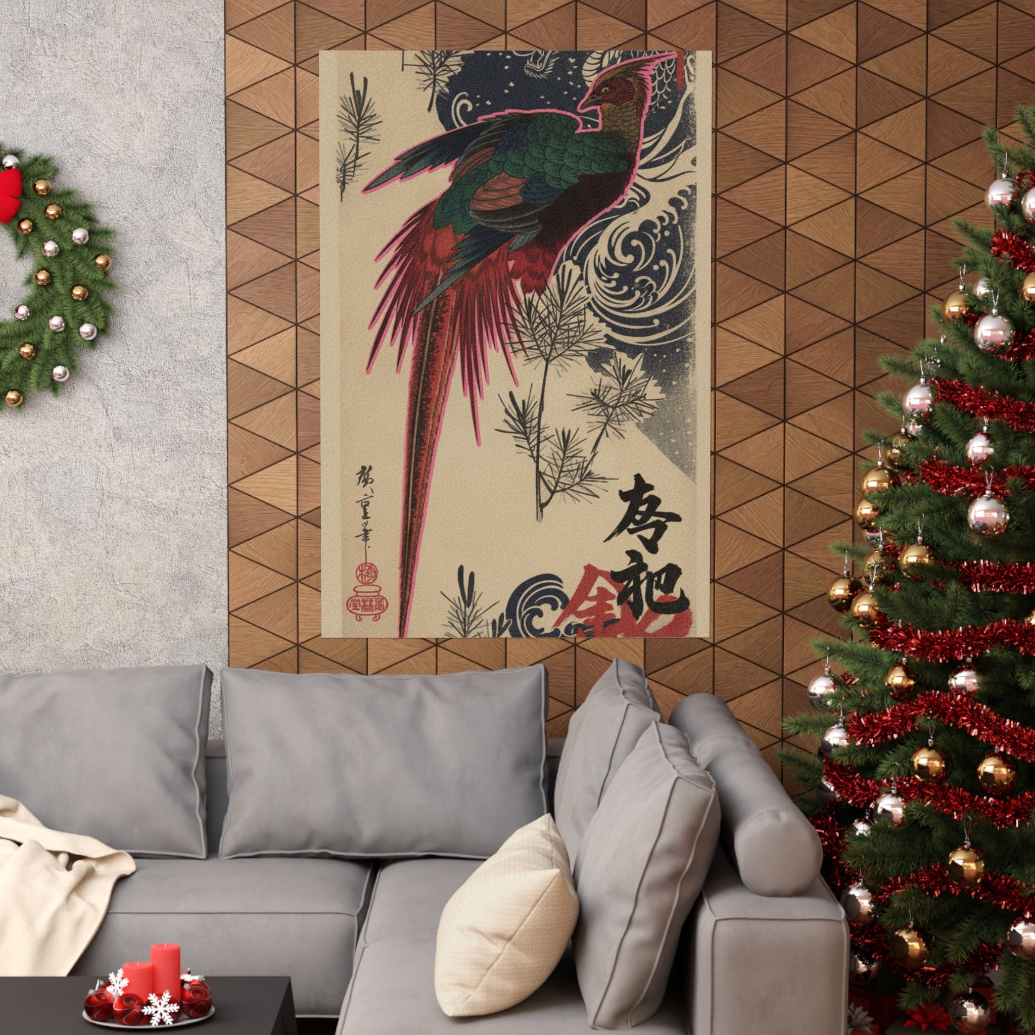 Japanese Street — Golden Pheasant And Pine Shoots In Snow — Matte Poster