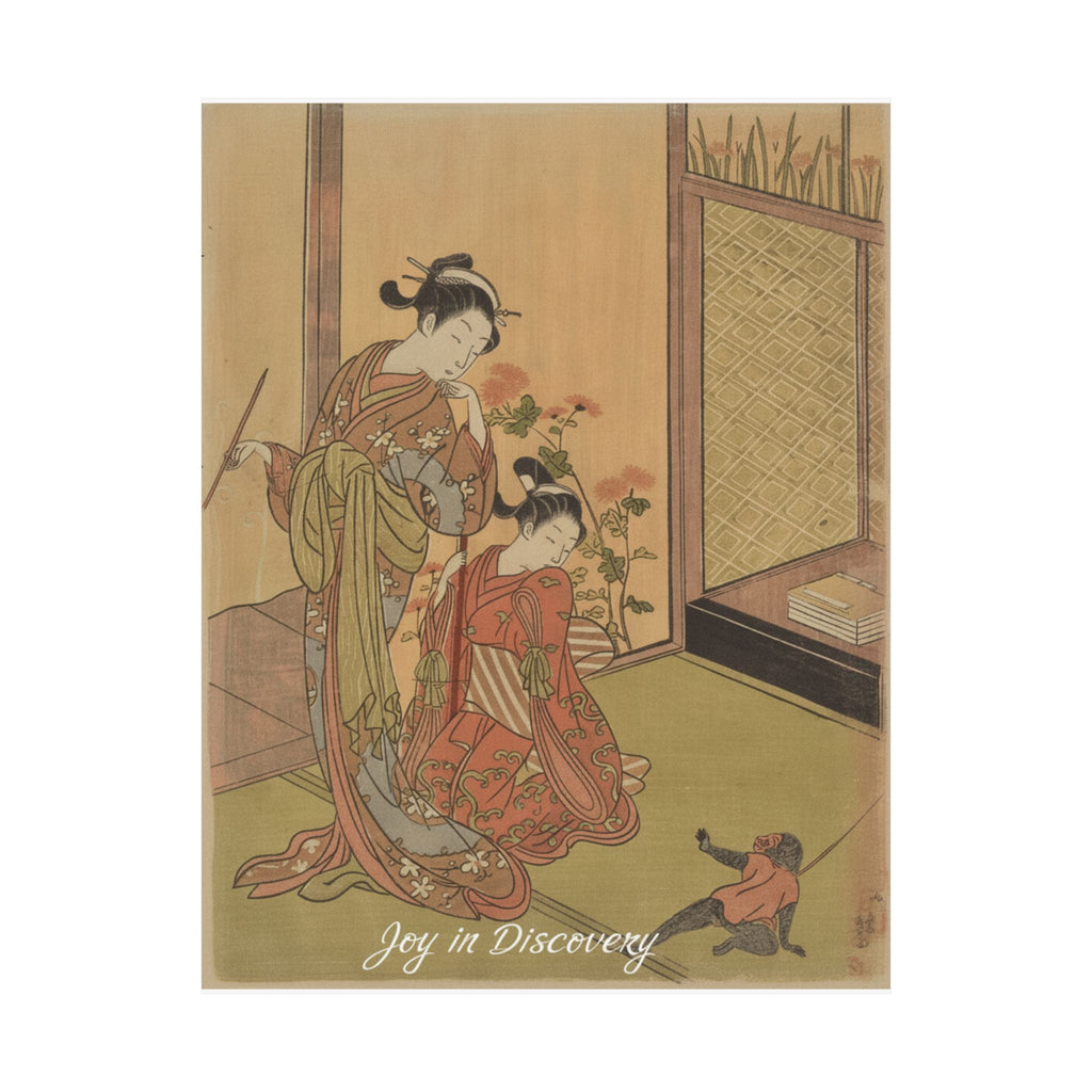 Affirmation — Two Girls Looking At A Monkey On A Leash — Matte Poster