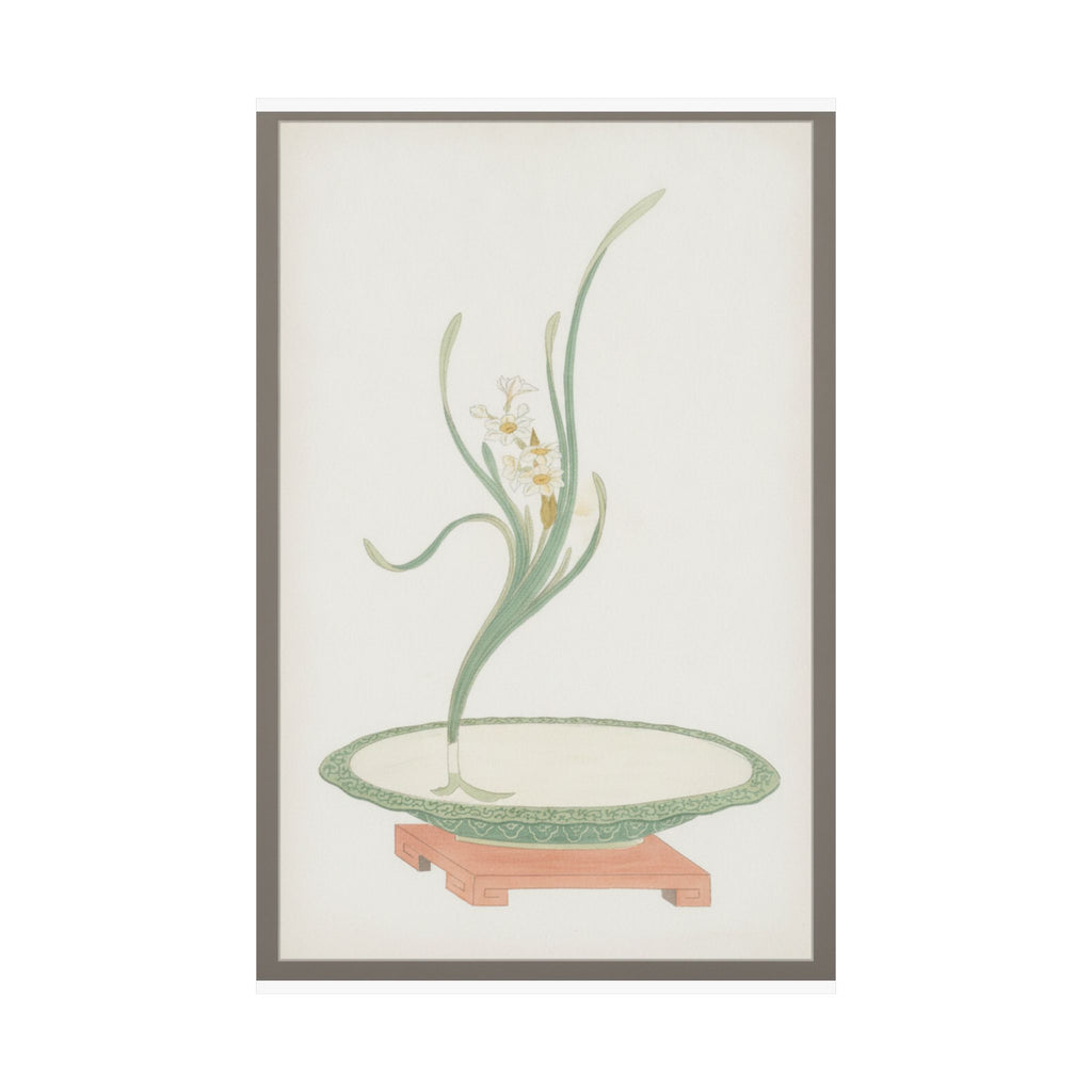 Watercolor — Flower Arrangement Of Suisen (Narcissus) In A Flat Green Dish — Matte Poster