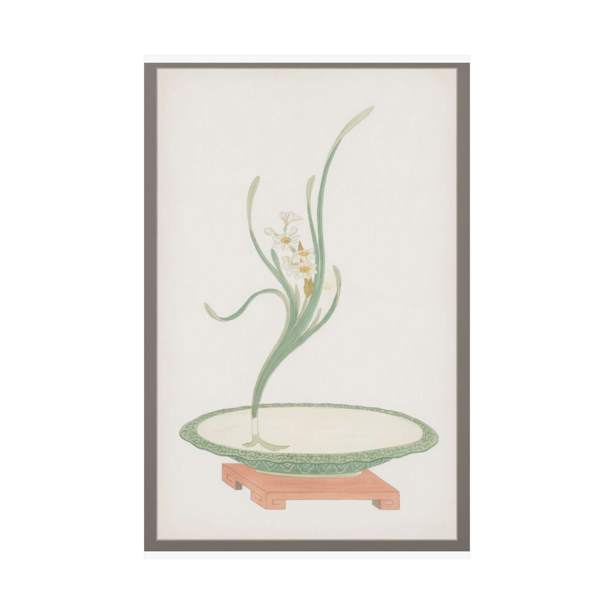 Watercolor — Flower Arrangement Of Suisen (Narcissus) In A Flat Green Dish — Matte Poster