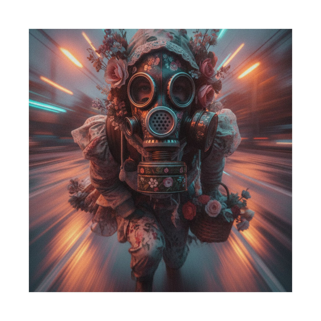 Neon Tunnel Rose Gas Mask Post-Apocalyptic Poster