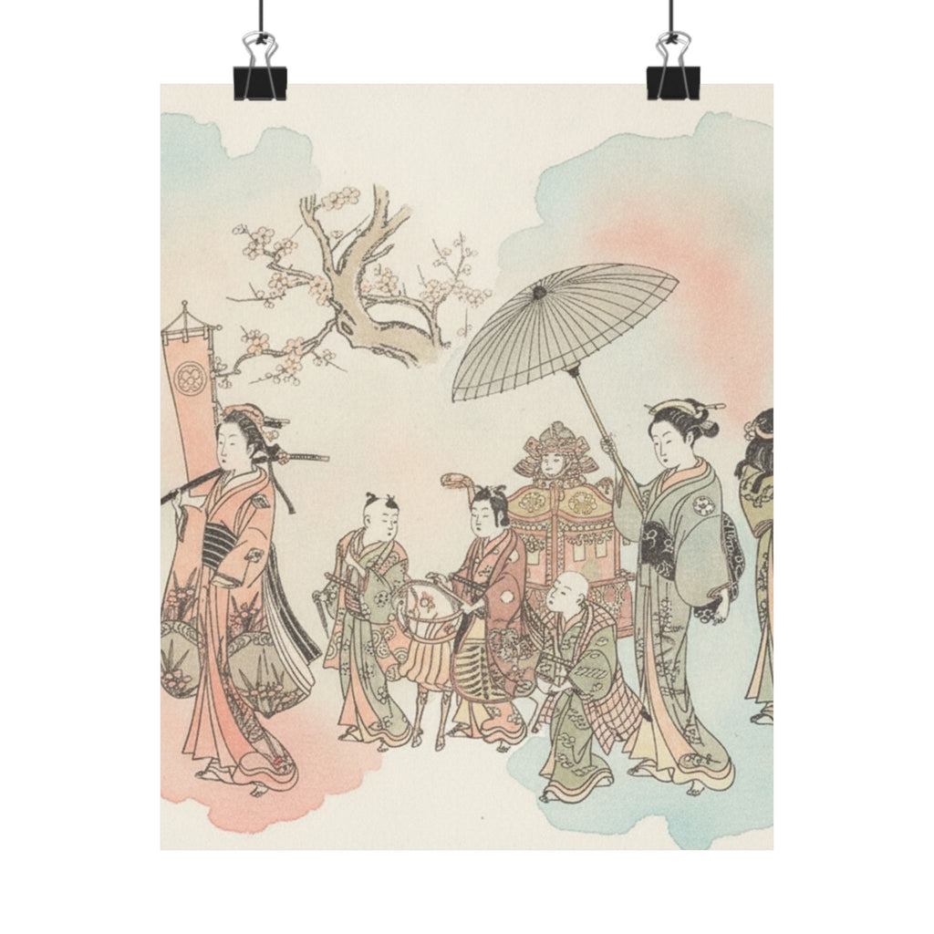 Watercolor — Children Play-Acting A Daimyo Procession — Matte Poster