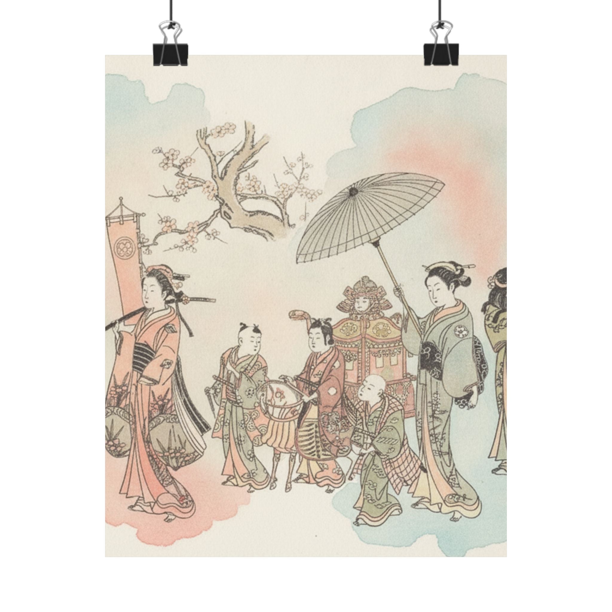 Watercolor — Children Play-Acting A Daimyo Procession — Matte Poster