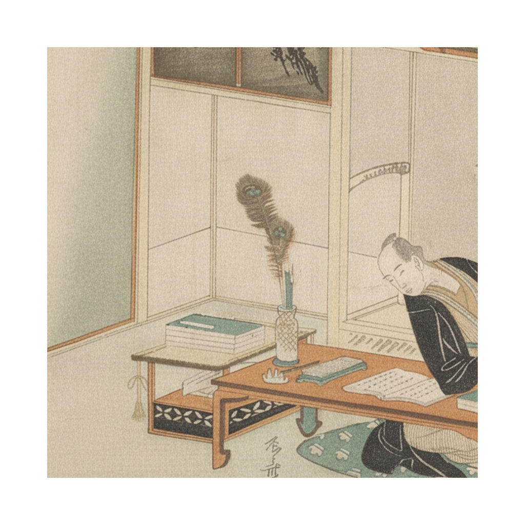 Botanical — Man Seated With His Reading And Writing Materials Before Him — Matte Poster