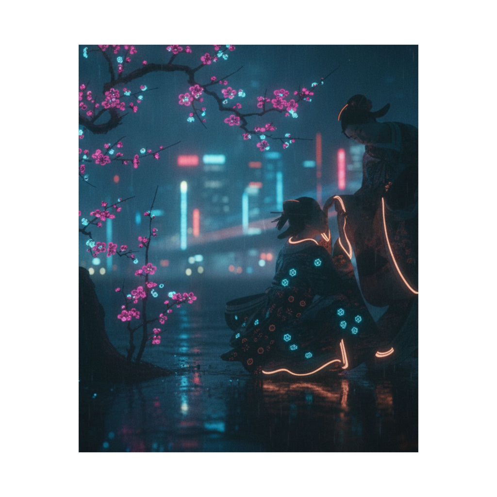 Neon Noir — Two Girls Under Plum Tree — Matte Poster
