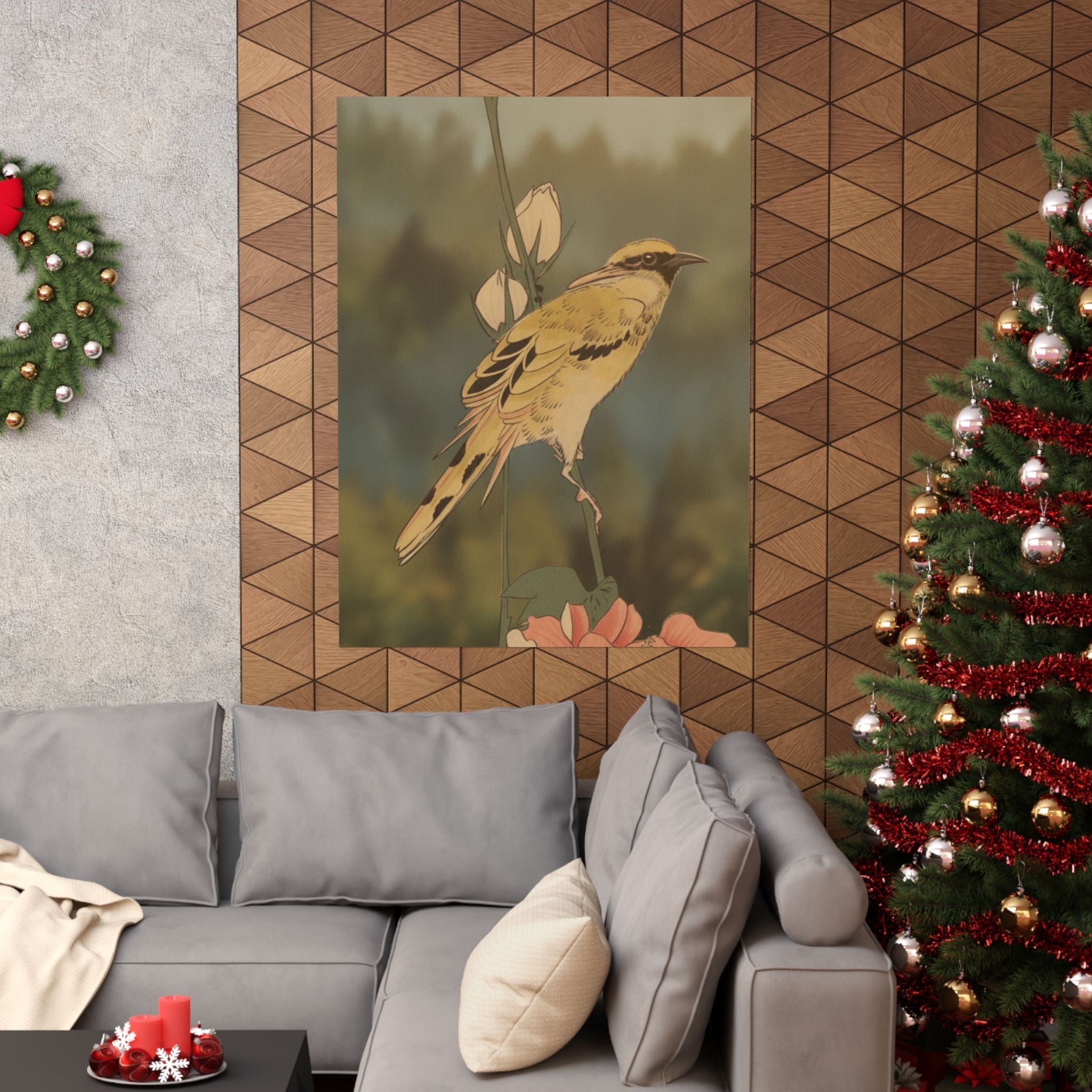 Scenic Nature — Black-Naped Oriole Perched On A Stem Of Rose Mallow — Matte Poster