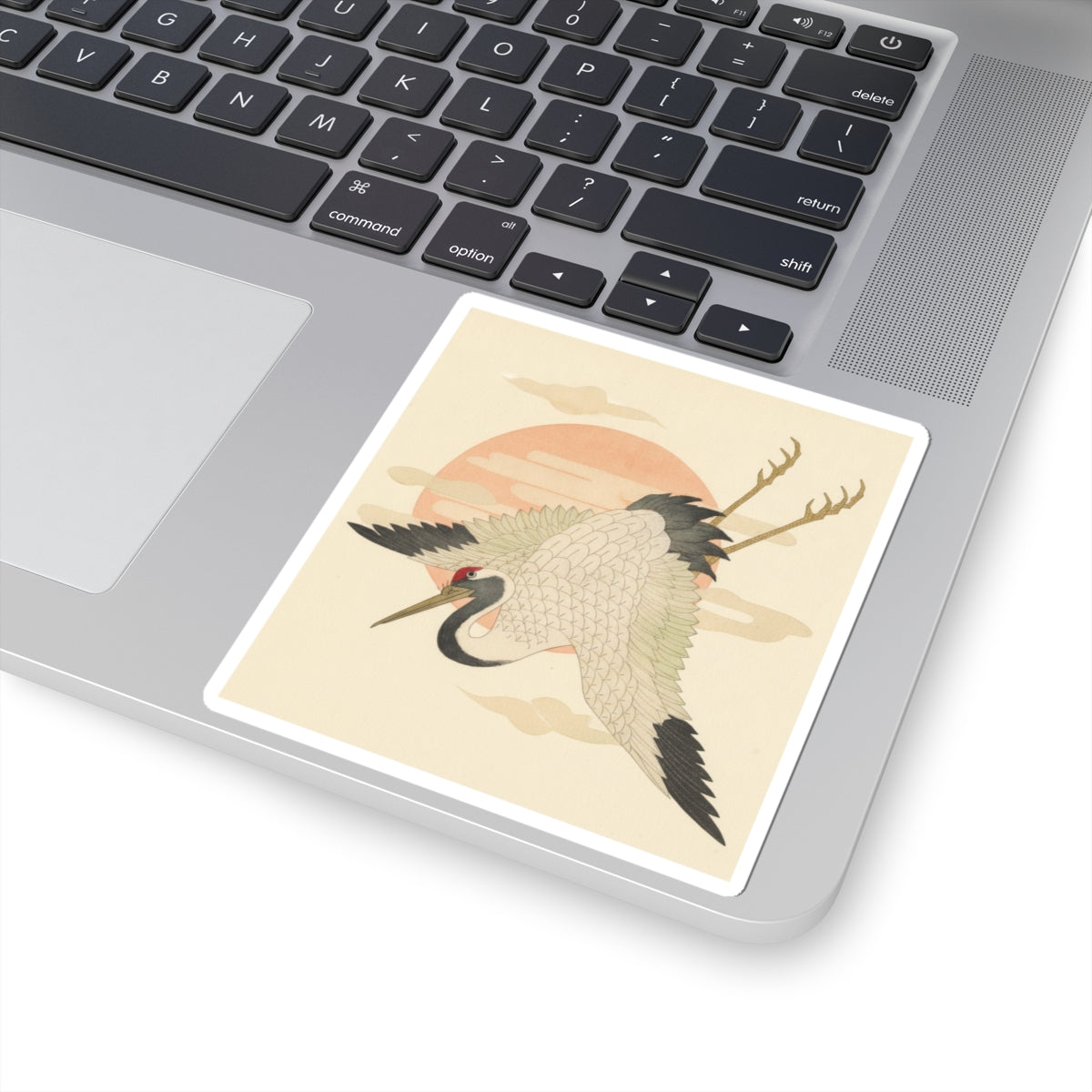 Botanical — White Crane Flying Across The Sun'S Disc — Kiss-Cut Sticker