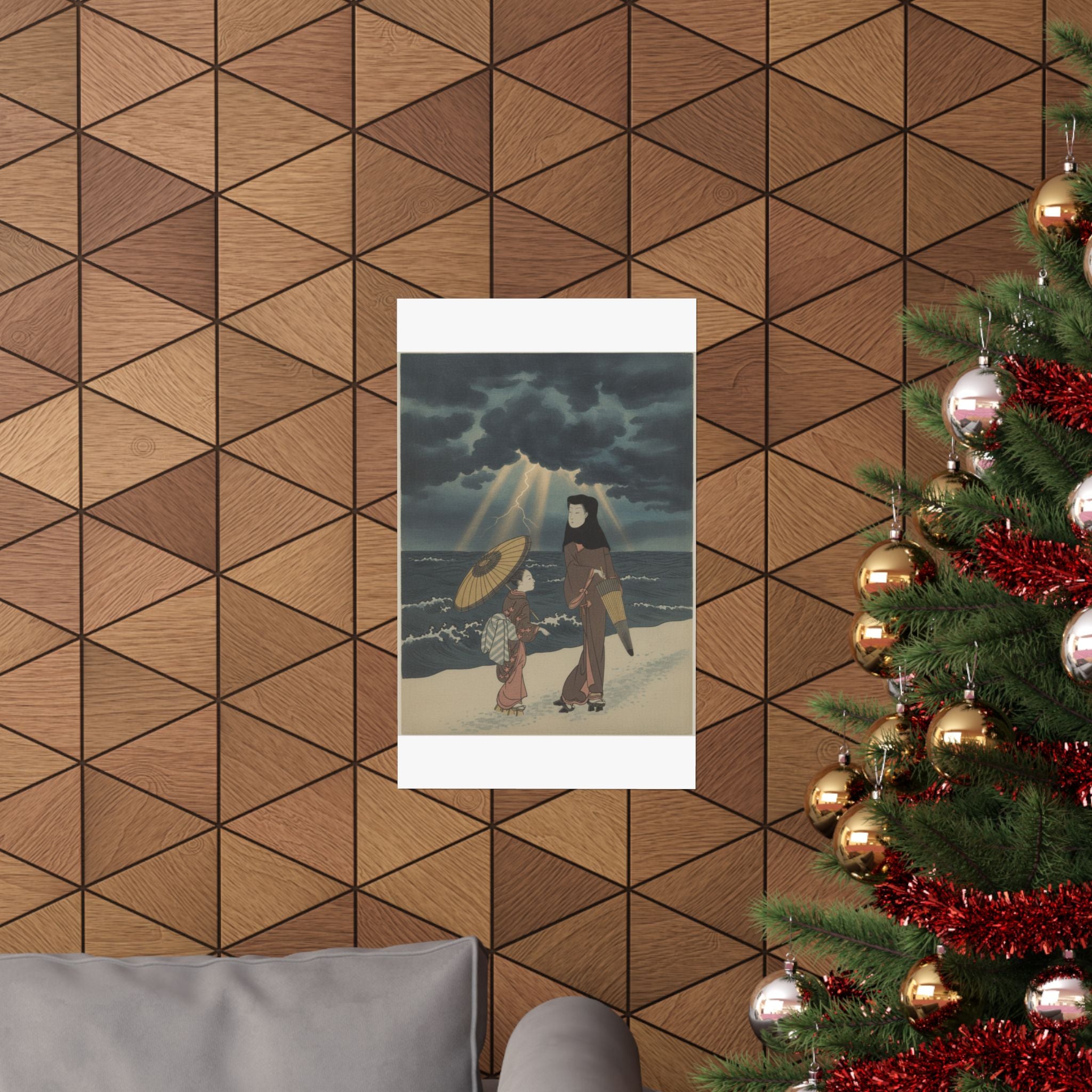 Dramatic Storm — Lady With Black Hood And Umbrella Out Walking With Young Attendant — Matte Poster