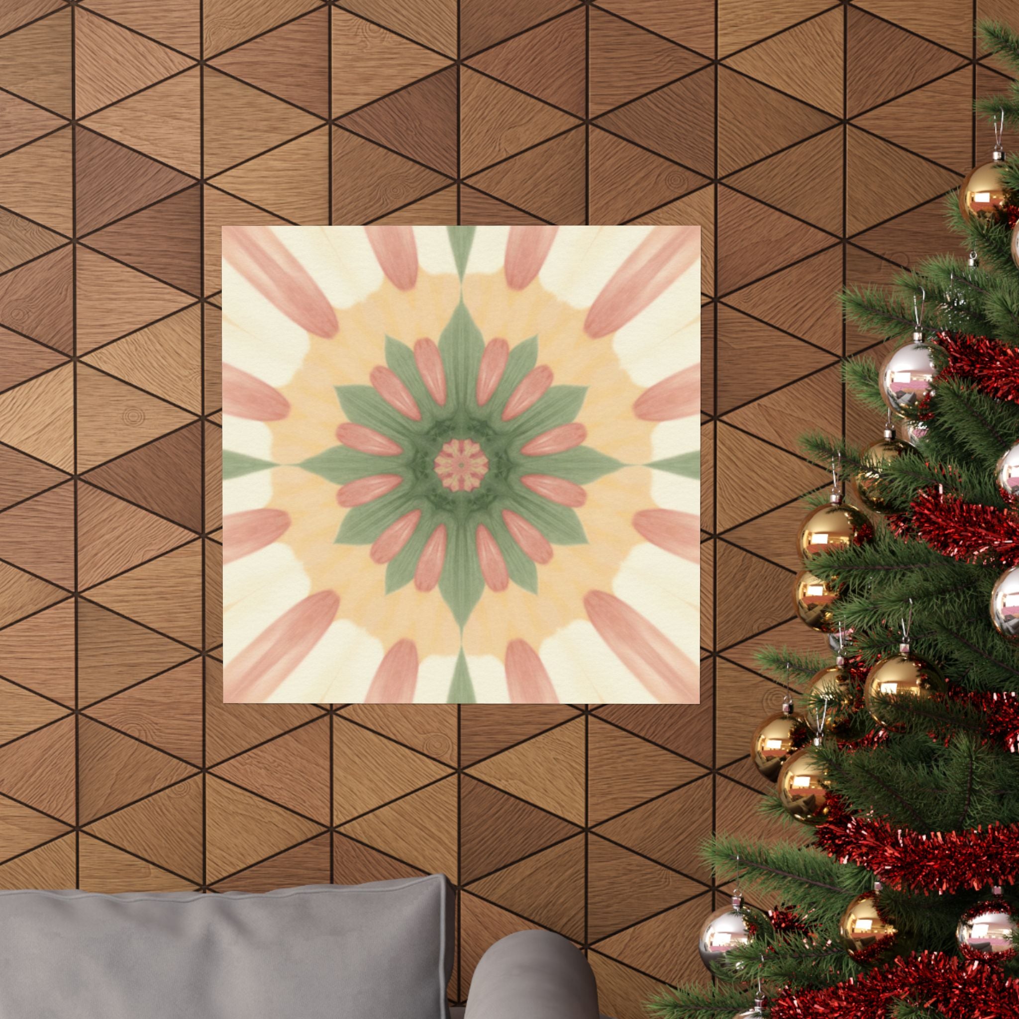 Peach and Sage Floral Kaleidoscope Mandala Poster