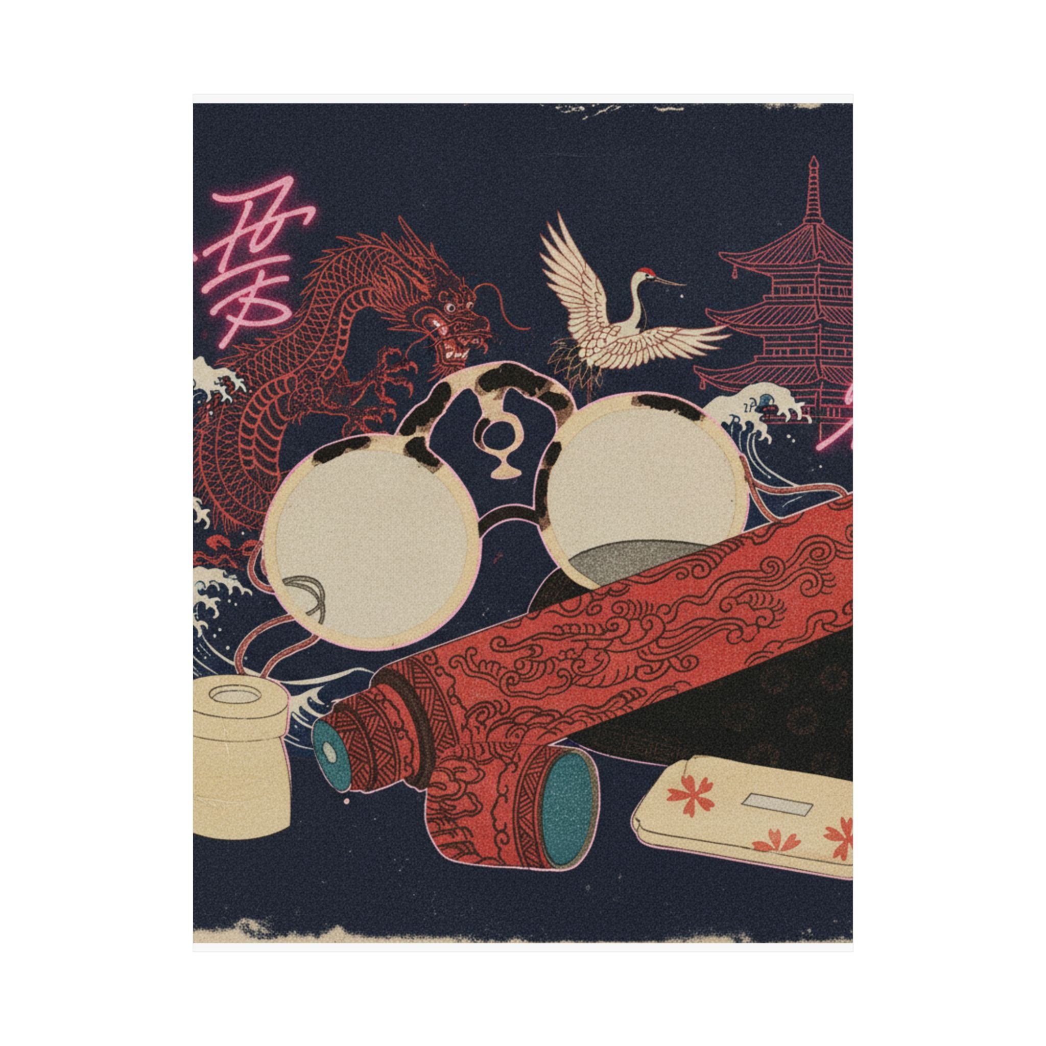 Japanese Street — Spectacles And Telescope With Cases — Matte Poster
