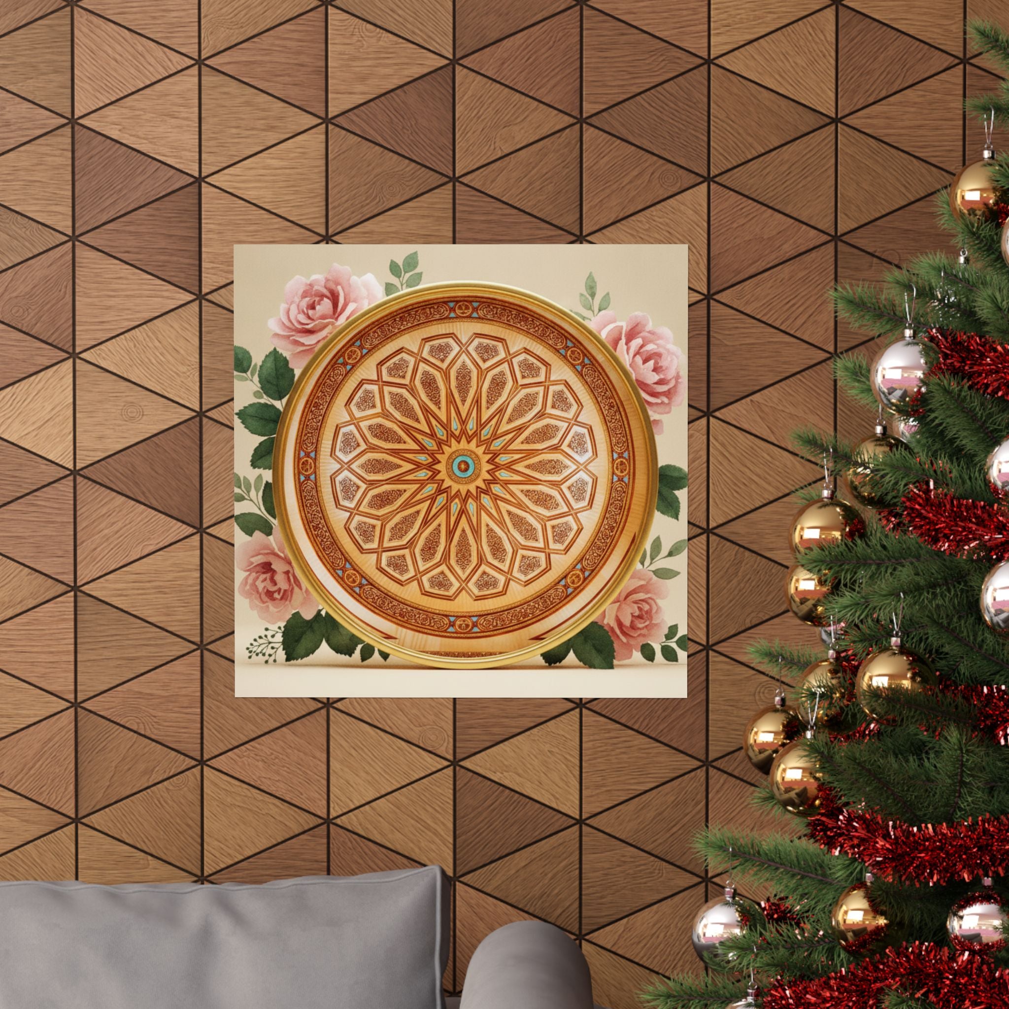 Gilded Moroccan Medallion and Pink Roses Art Poster