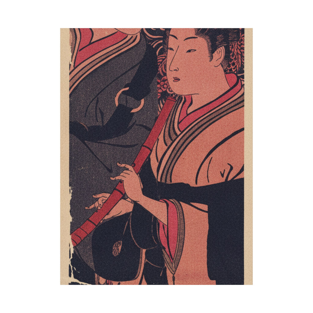 Japanese Street — Two Men, One Playing A Flute — Matte Poster