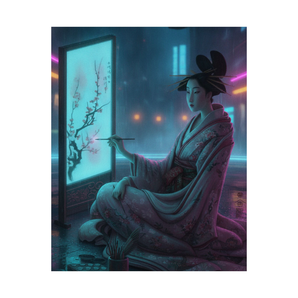 Neon Noir — Young Woman Painting A Screen — Matte Poster