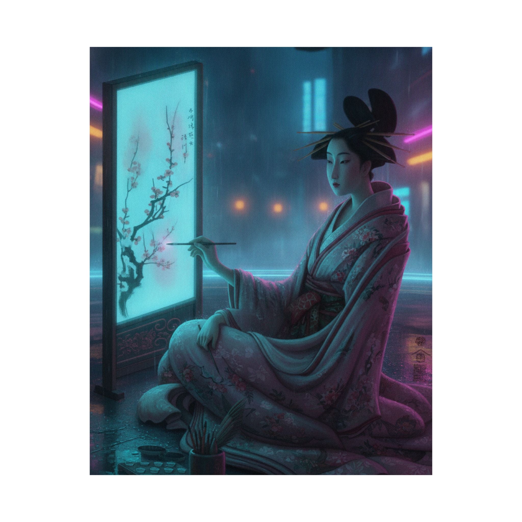 Neon Noir — Young Woman Painting A Screen — Matte Poster