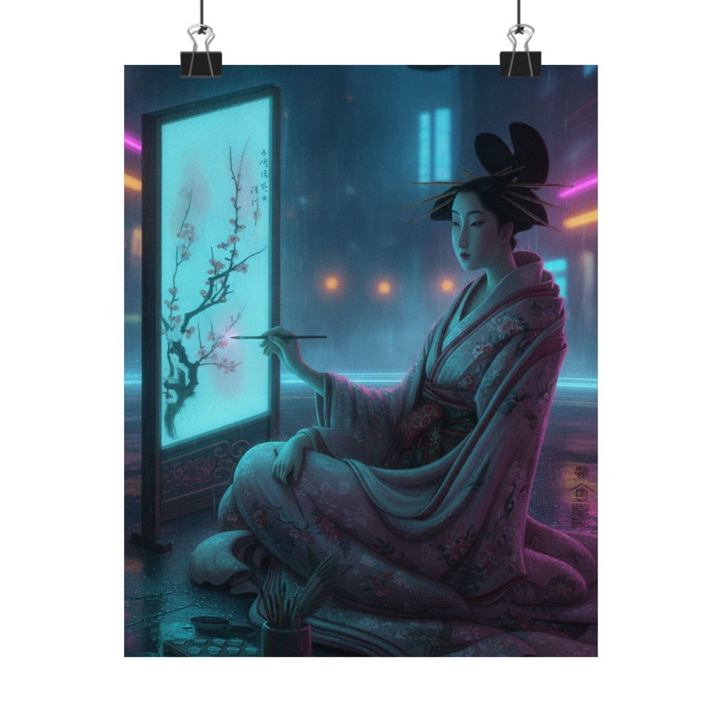 Neon Noir — Young Woman Painting A Screen — Matte Poster