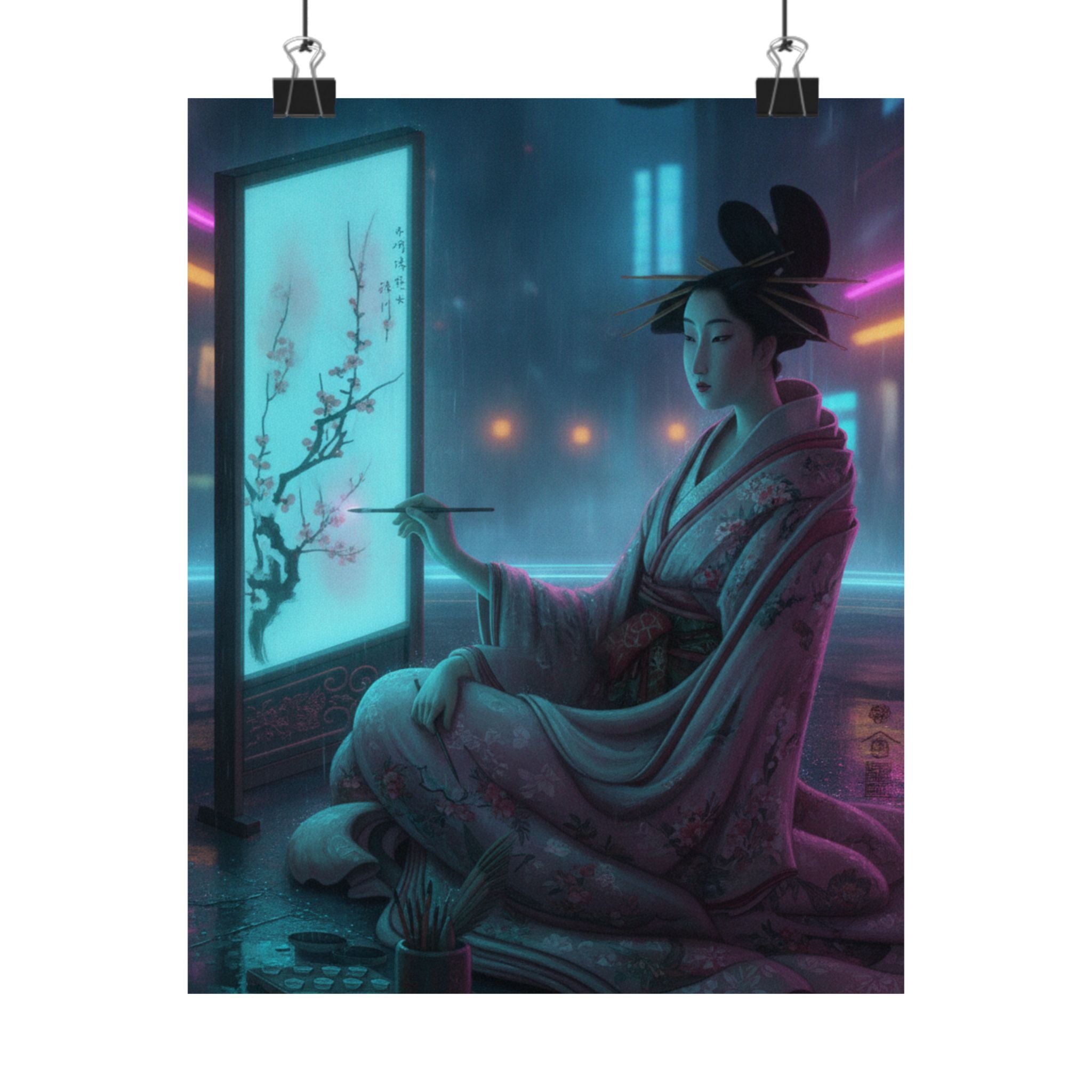 Neon Noir — Young Woman Painting A Screen — Matte Poster