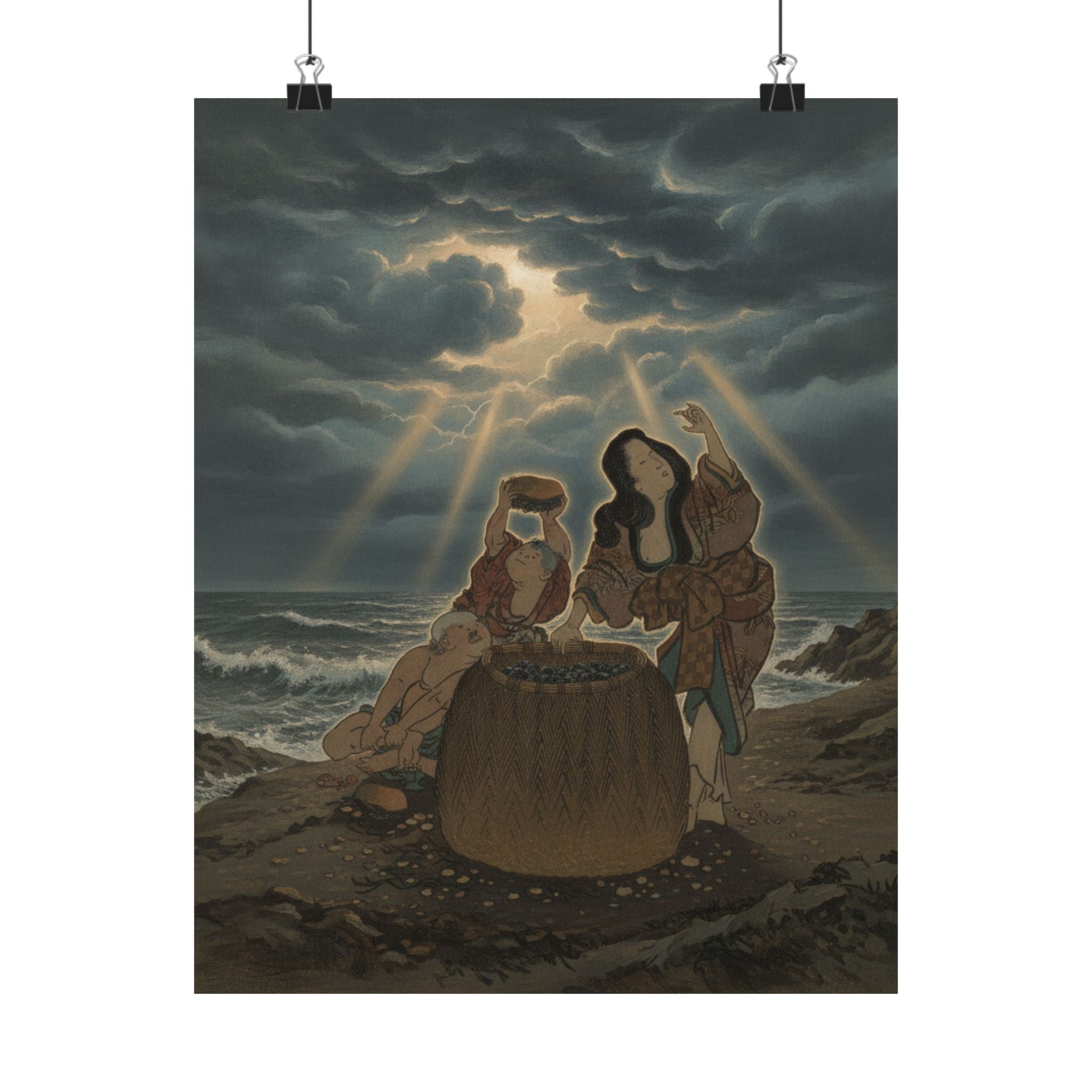Dramatic Storm — Fisherwoman With A Basket And Two Boys — Matte Poster