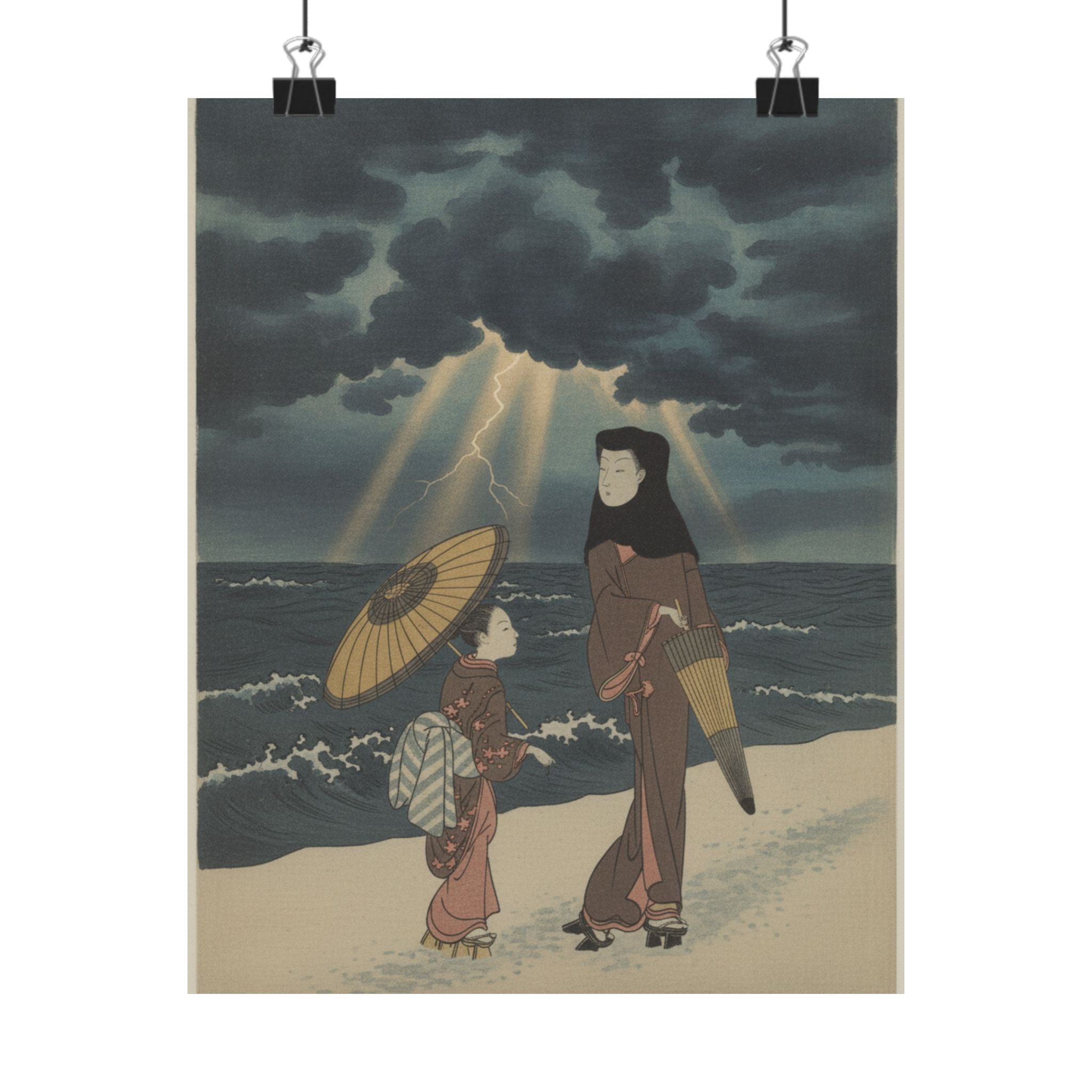Dramatic Storm — Lady With Black Hood And Umbrella Out Walking With Young Attendant — Matte Poster
