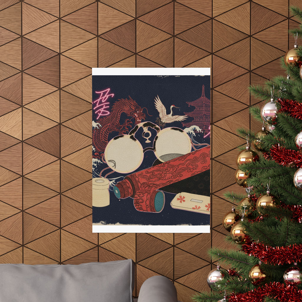 Japanese Street — Spectacles And Telescope With Cases — Matte Poster