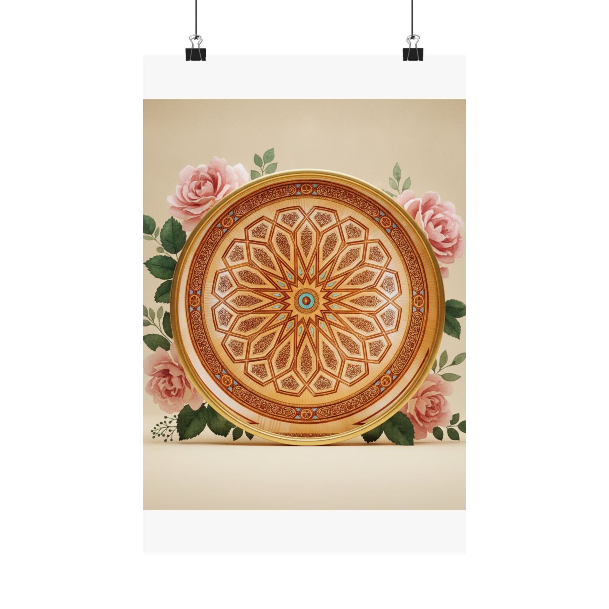 Gilded Moroccan Medallion and Pink Roses Art Poster