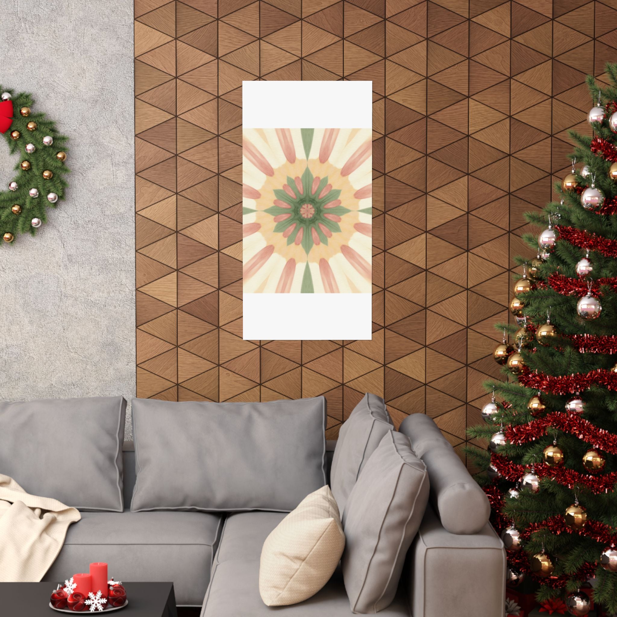 Peach and Sage Floral Kaleidoscope Mandala Poster