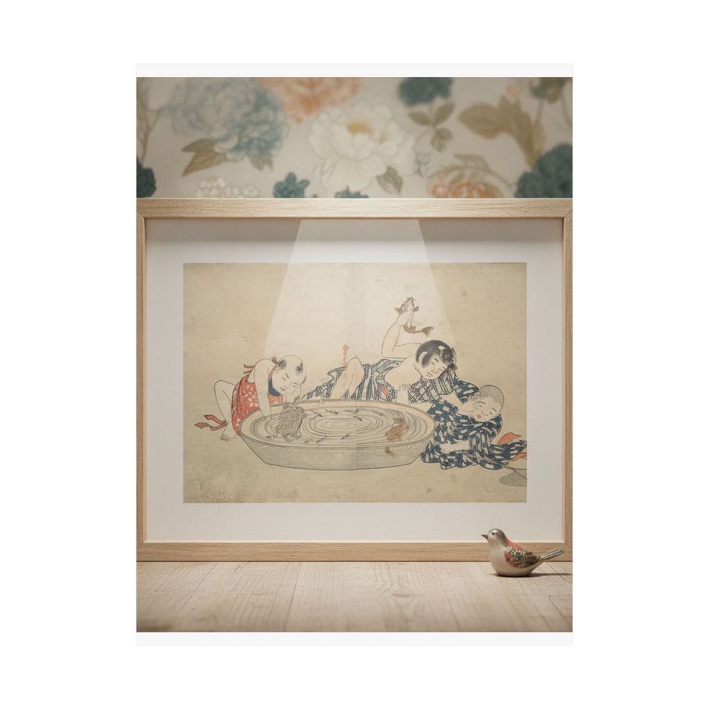 Product Marketing — Boys Playing With A Basin Of Fish And Turtles — Matte Poster