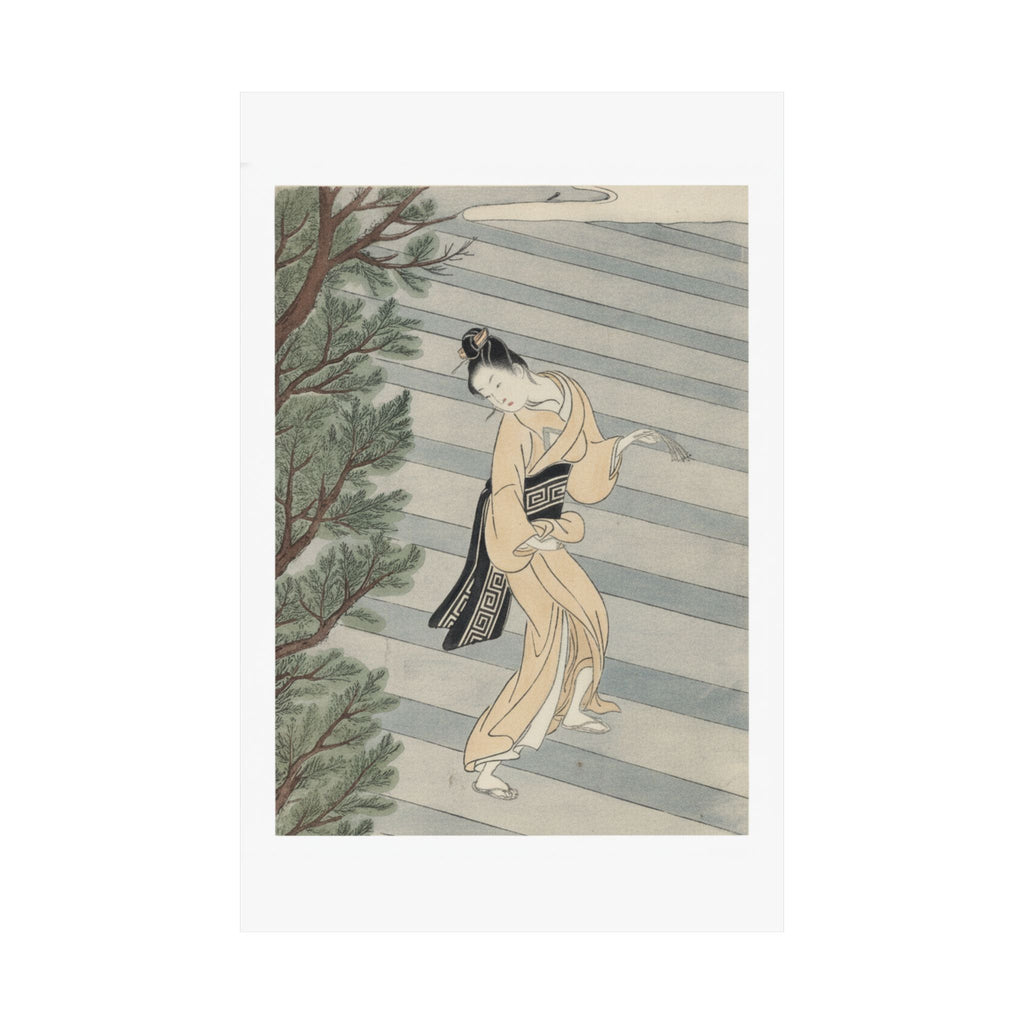 Watercolor — Young Woman Climbing Stone Stairs To A Shinto Temple — Matte Poster