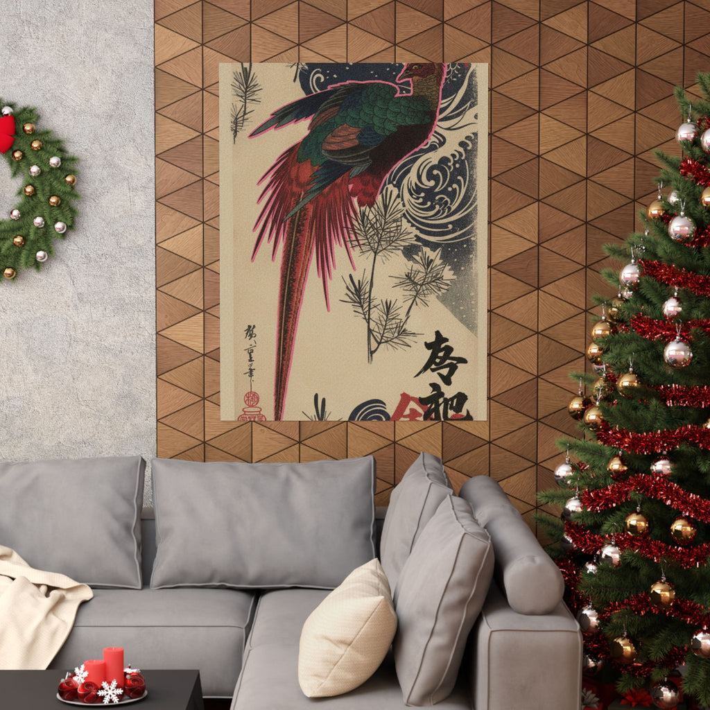 Japanese Street — Golden Pheasant And Pine Shoots In Snow — Matte Poster