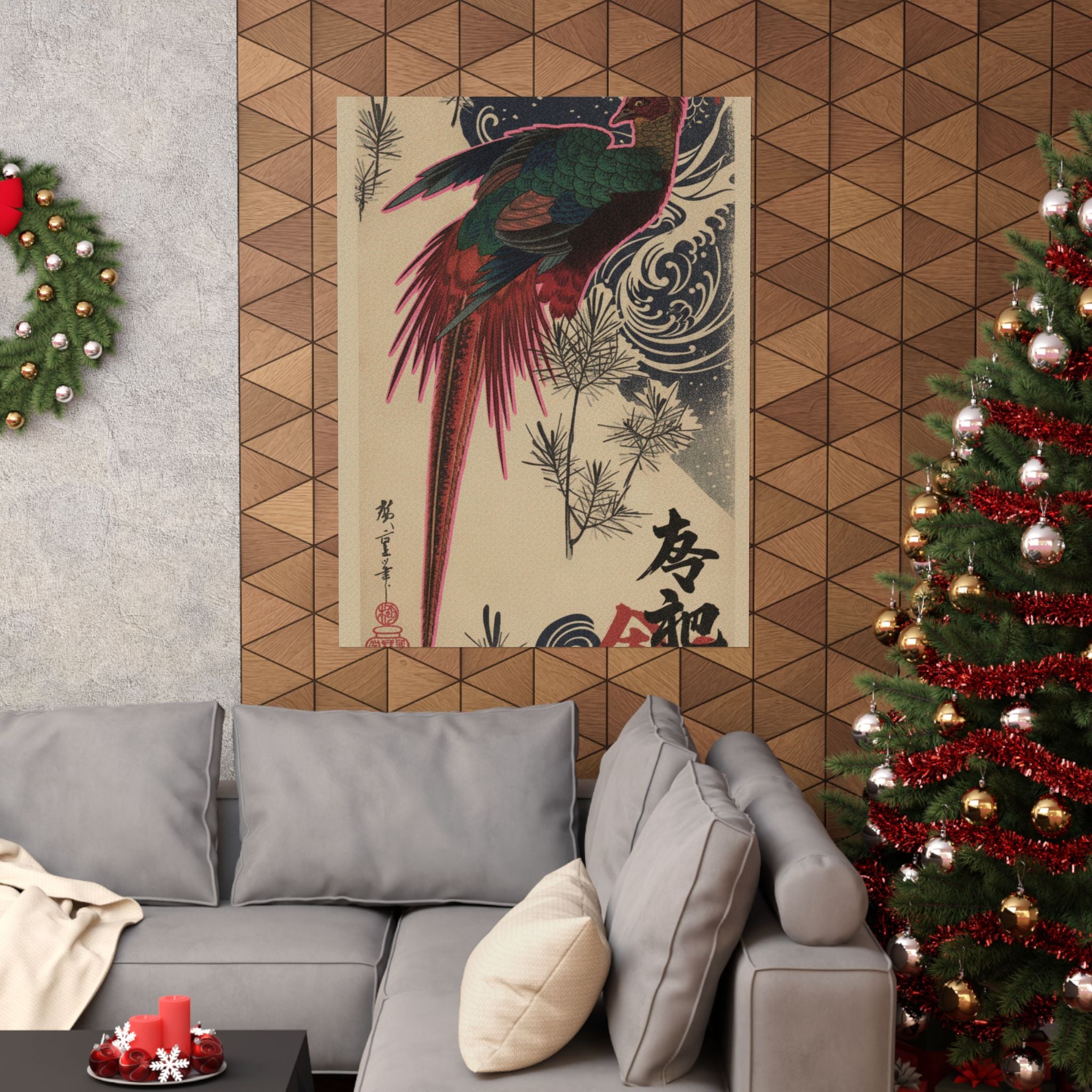 Japanese Street — Golden Pheasant And Pine Shoots In Snow — Matte Poster