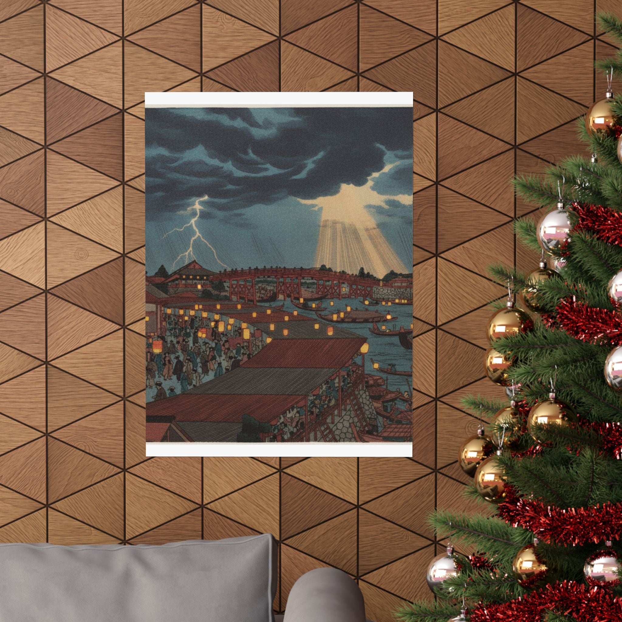 Dramatic Storm — Landscape; Showing Water Festival With Lanterns — Matte Poster