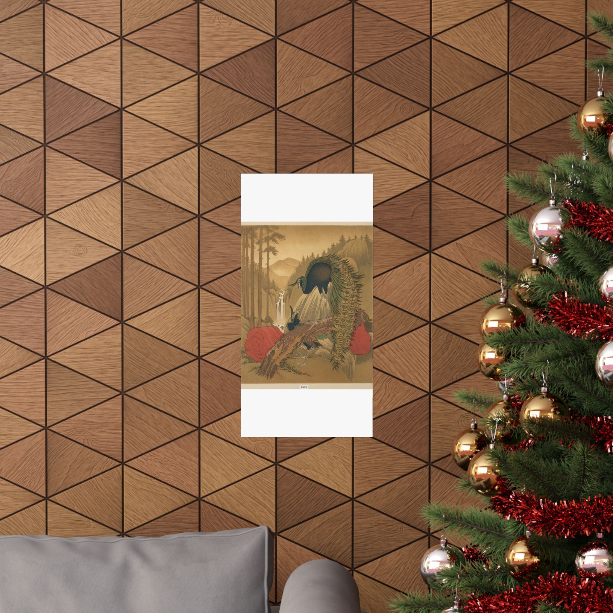 Scenic Nature — Painting Of Peacocks, Pines, A Waterfall, And A Roll Of Red Fabric — Matte Poster