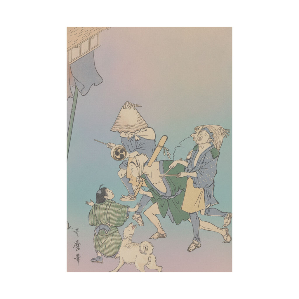 Affirmation — Three Revelers Of The Lower Classes, Wearing Komuso Hats, With Small Boy And Dog — Matte Poster