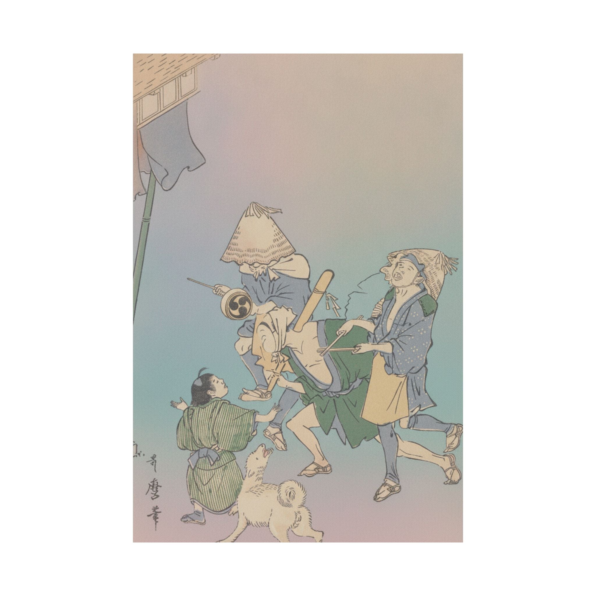 Affirmation — Three Revelers Of The Lower Classes, Wearing Komuso Hats, With Small Boy And Dog — Matte Poster