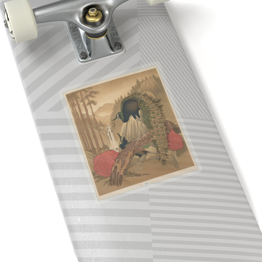 Scenic Nature — Painting Of Peacocks, Pines, A Waterfall, And A Roll Of Red Fabric — Kiss-Cut Sticker