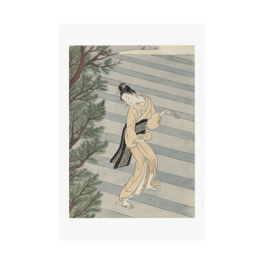 Watercolor — Young Woman Climbing Stone Stairs To A Shinto Temple — Matte Poster