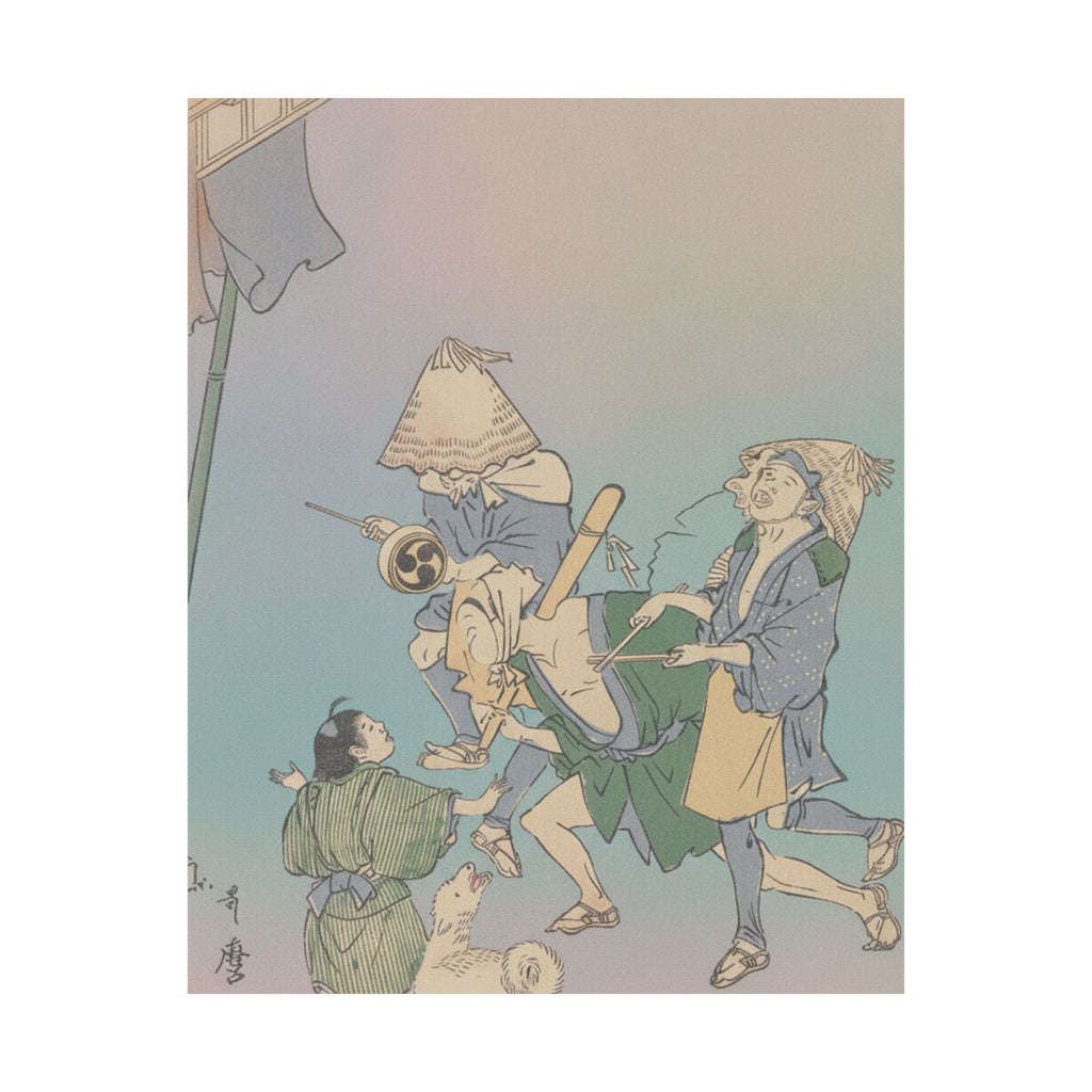 Affirmation — Three Revelers Of The Lower Classes, Wearing Komuso Hats, With Small Boy And Dog — Matte Poster