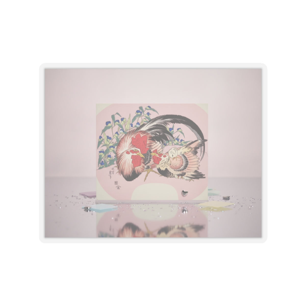 Product Marketing — Rooster, Hen And Chicken With Spiderwort — Kiss-Cut Sticker