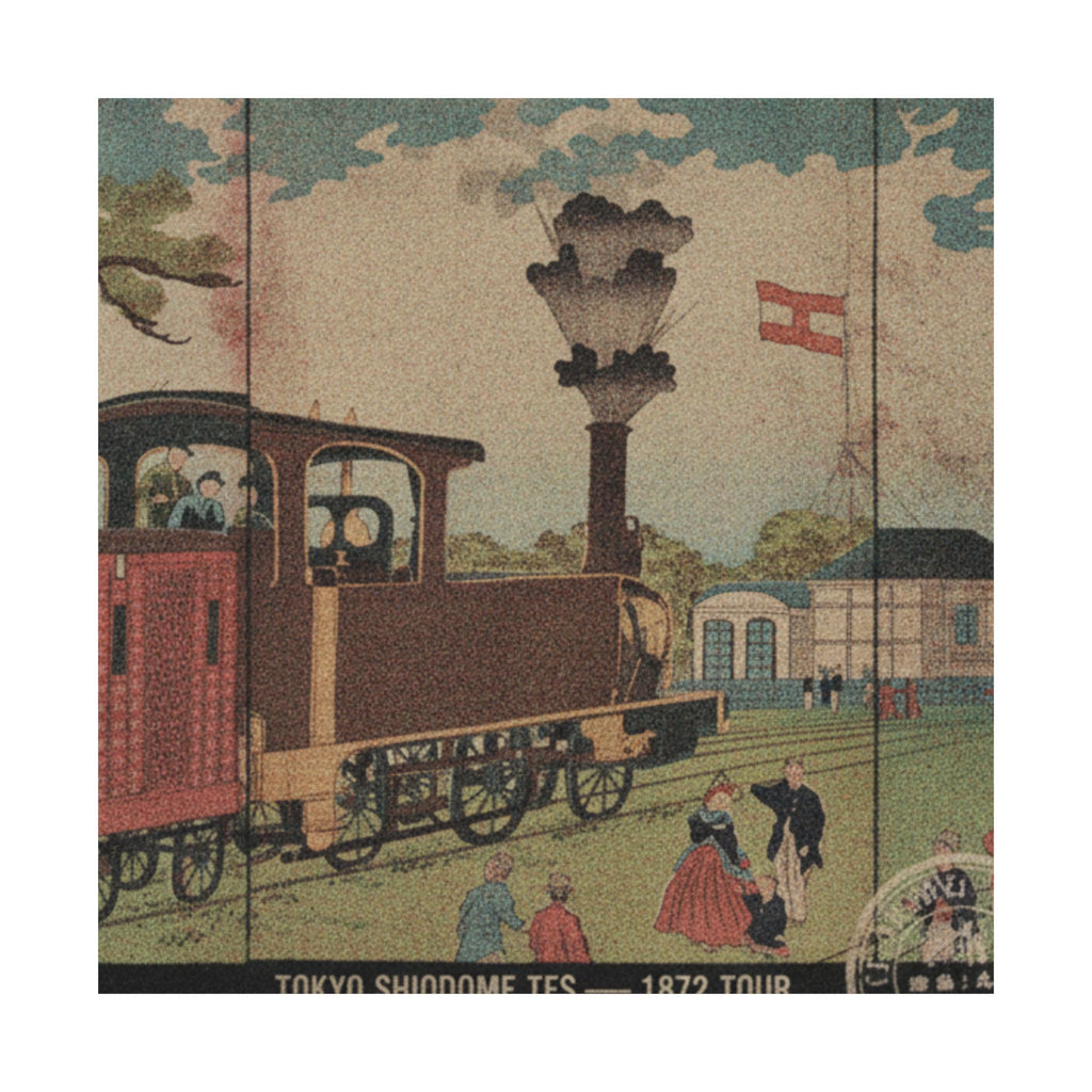 Vintage Bootleg — Illustration Of A Steam Locomotive Passing Shiodome In Tokyo (Tōkyō Shiodome Tes — Matte Poster