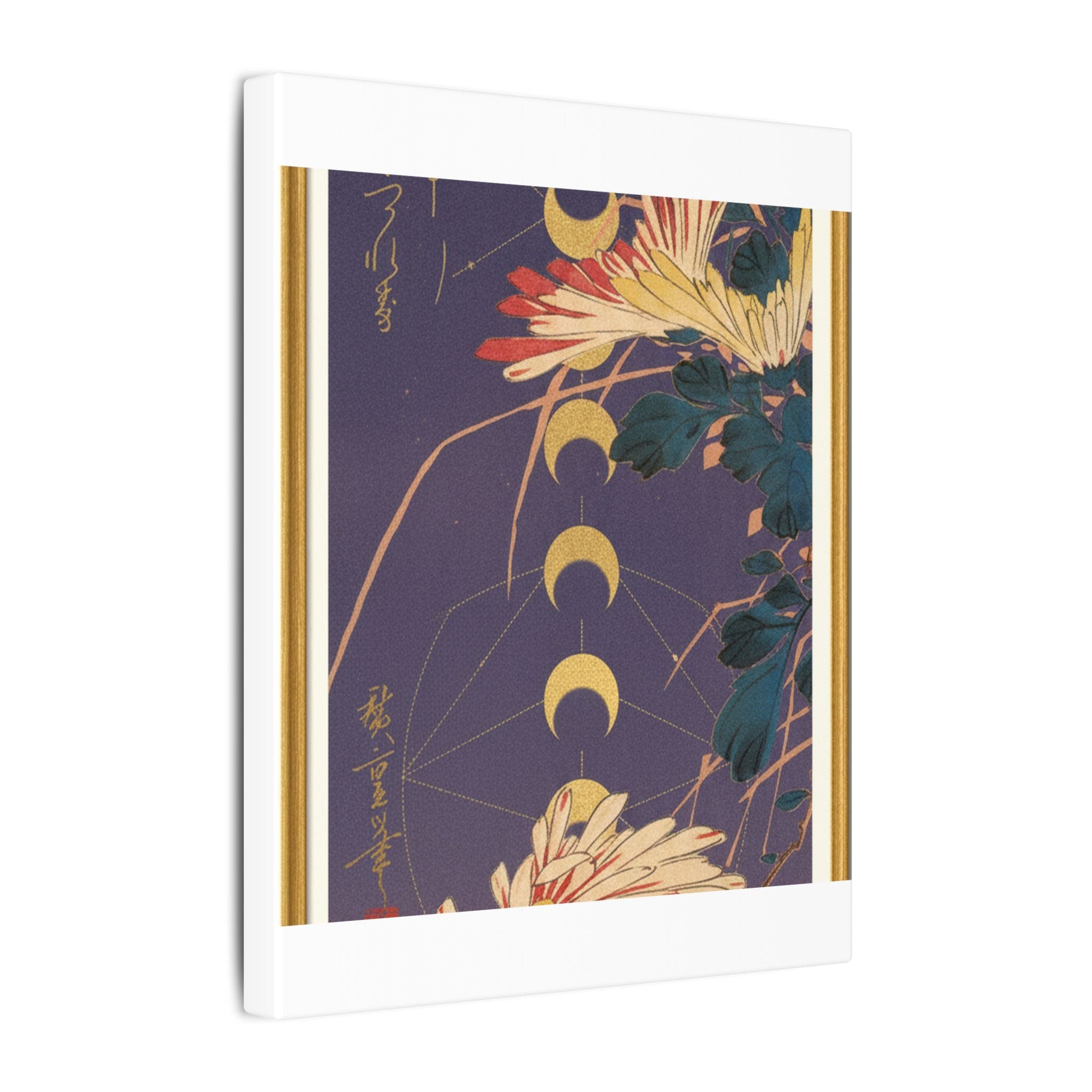 Chrysanthemum and Gold Moon Phases Woodblock Matte Canvas