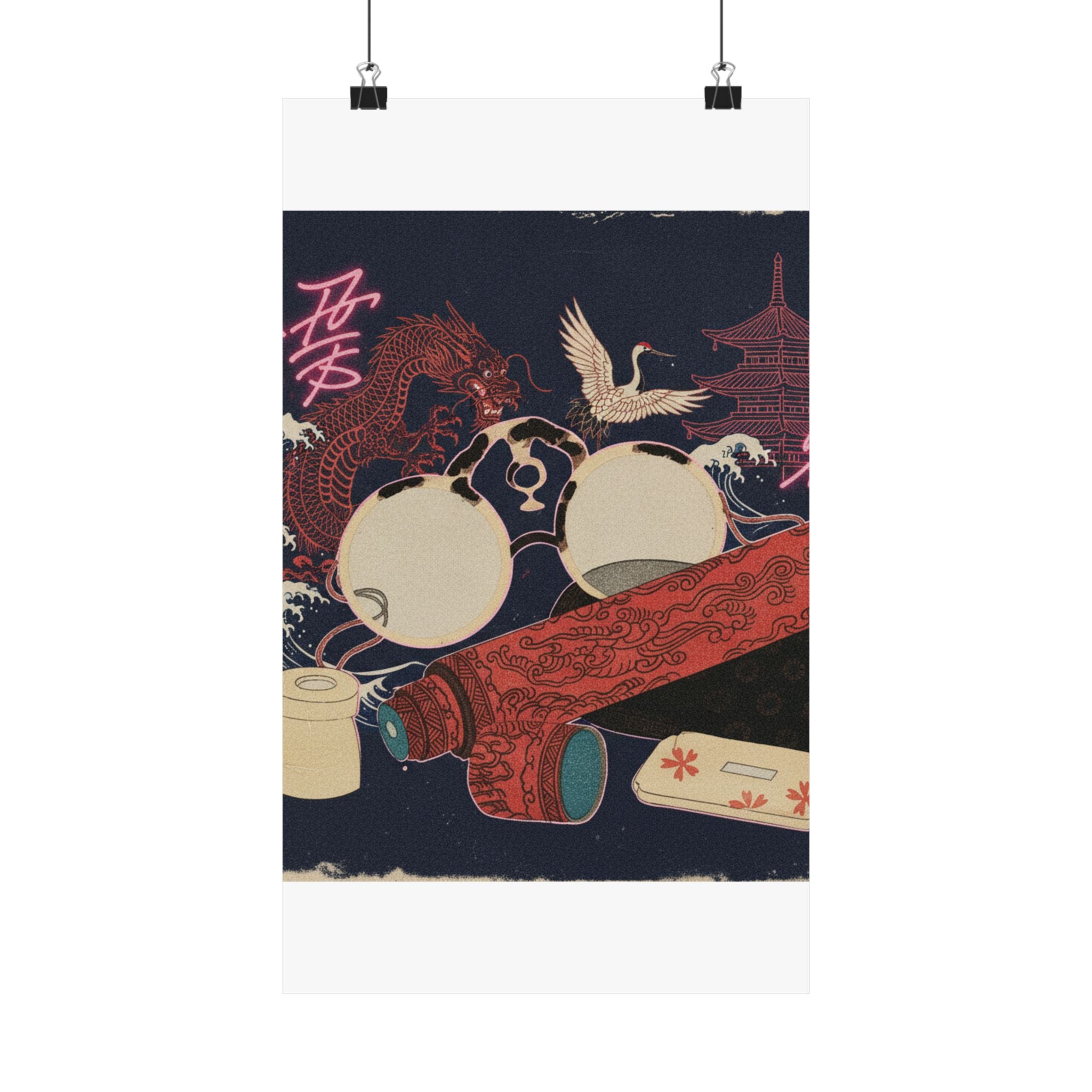 Japanese Street — Spectacles And Telescope With Cases — Matte Poster