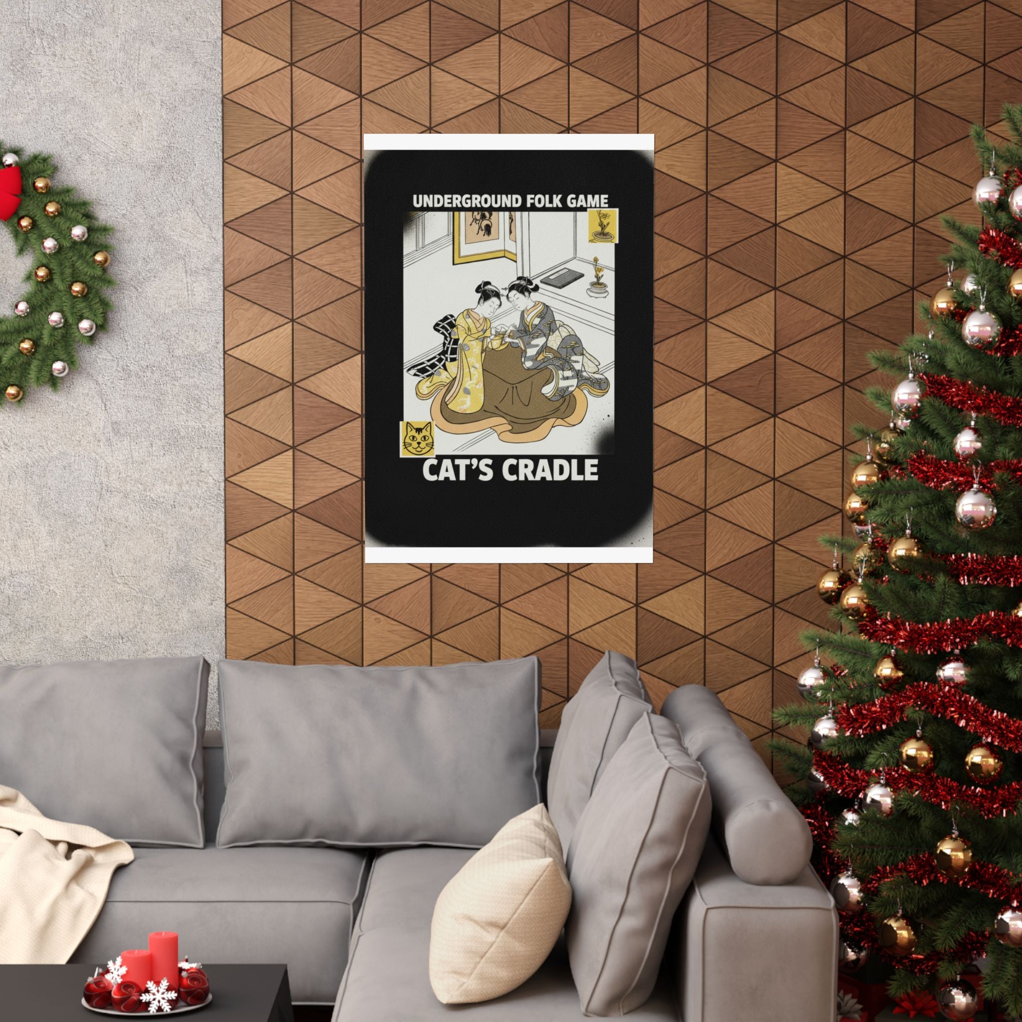 Streetwear Collage — Two Young Women Seated By A Kotatsu Playing Cat'S Cradle — Matte Poster